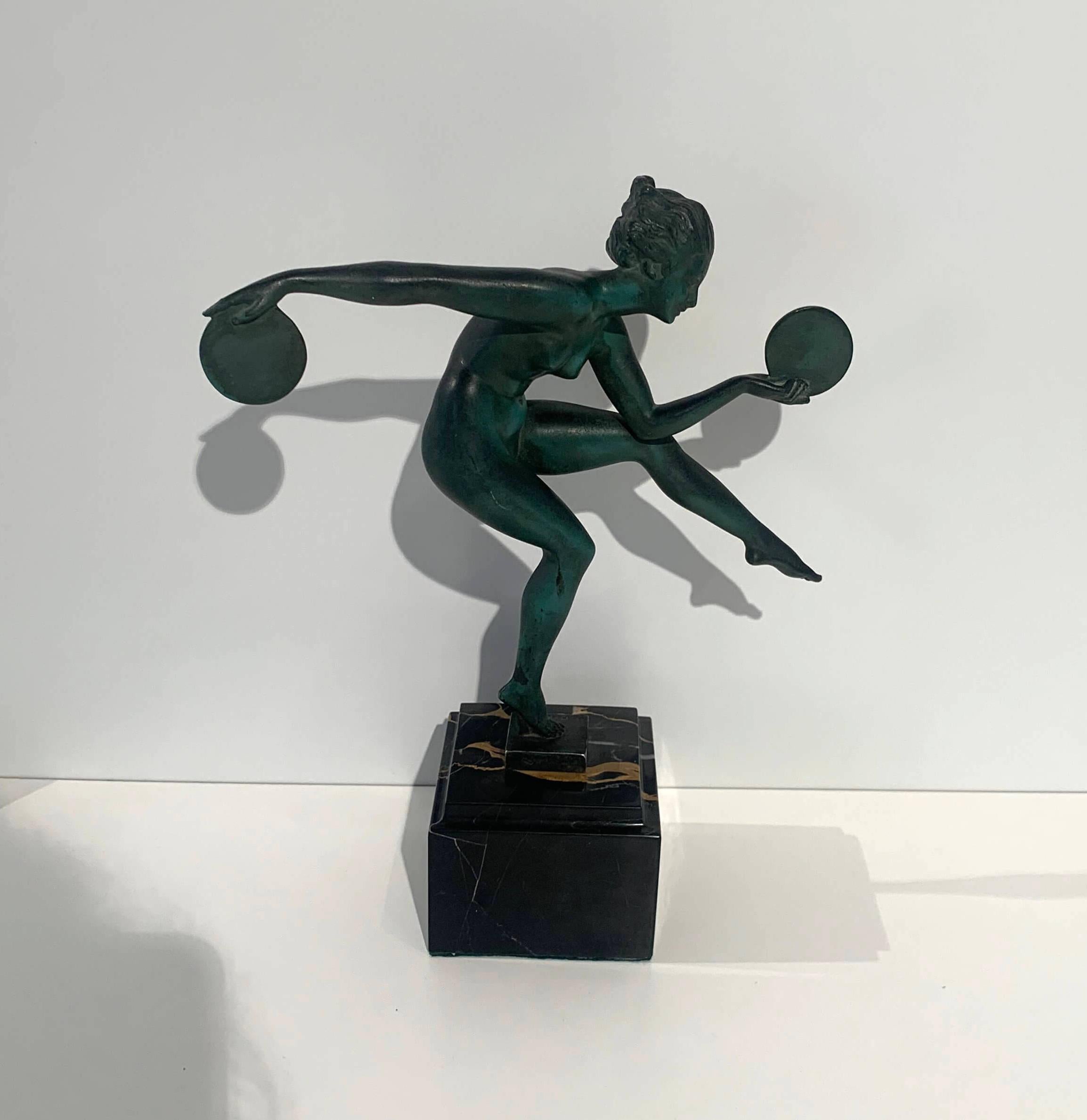 Zinc Art Deco Dancer Sculpture by Max Le Verrier, Signed Derenne, France circa 1930