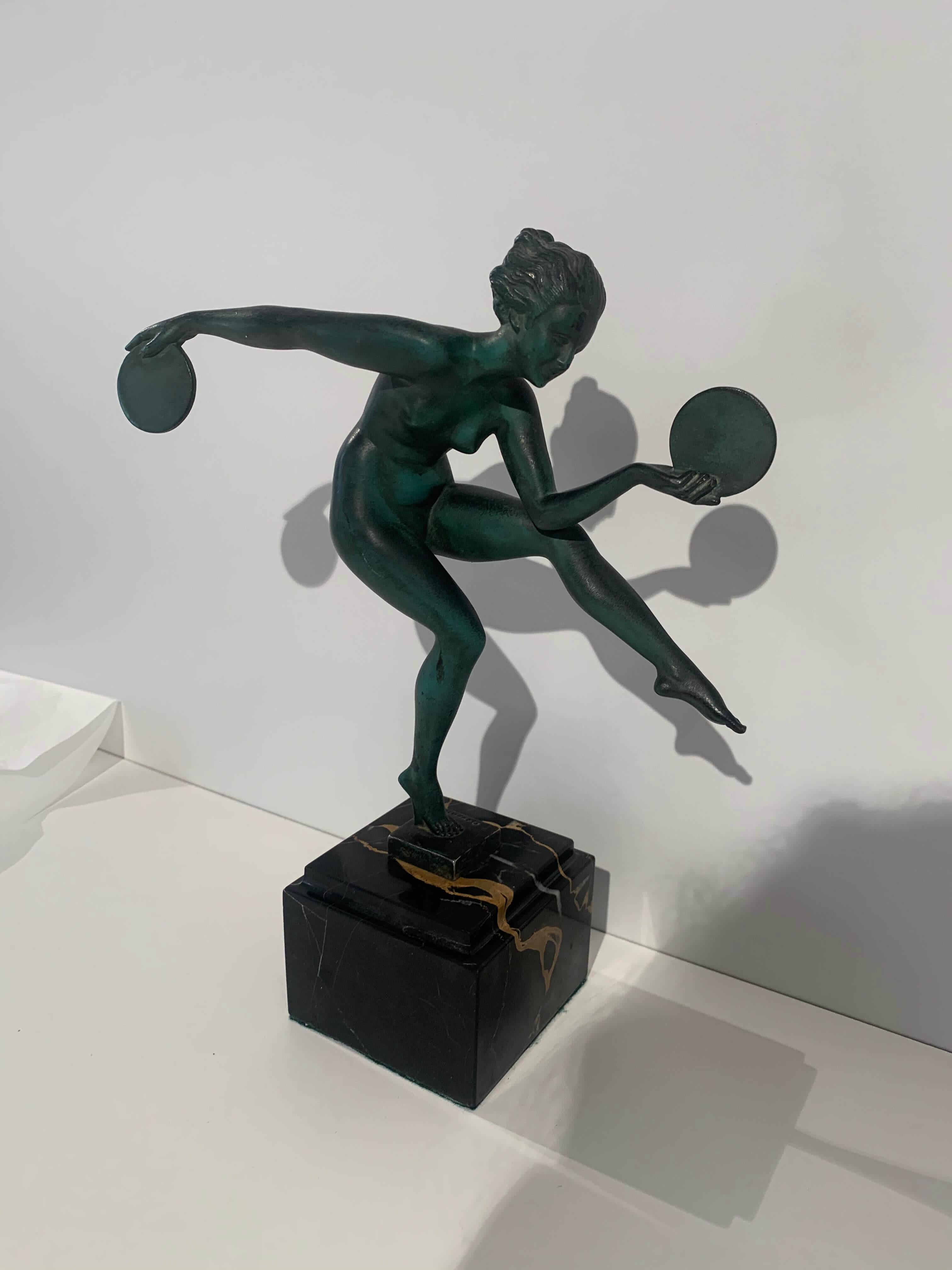 Art Deco Dancer Sculpture by Max Le Verrier, Signed Derenne, France circa 1930 2