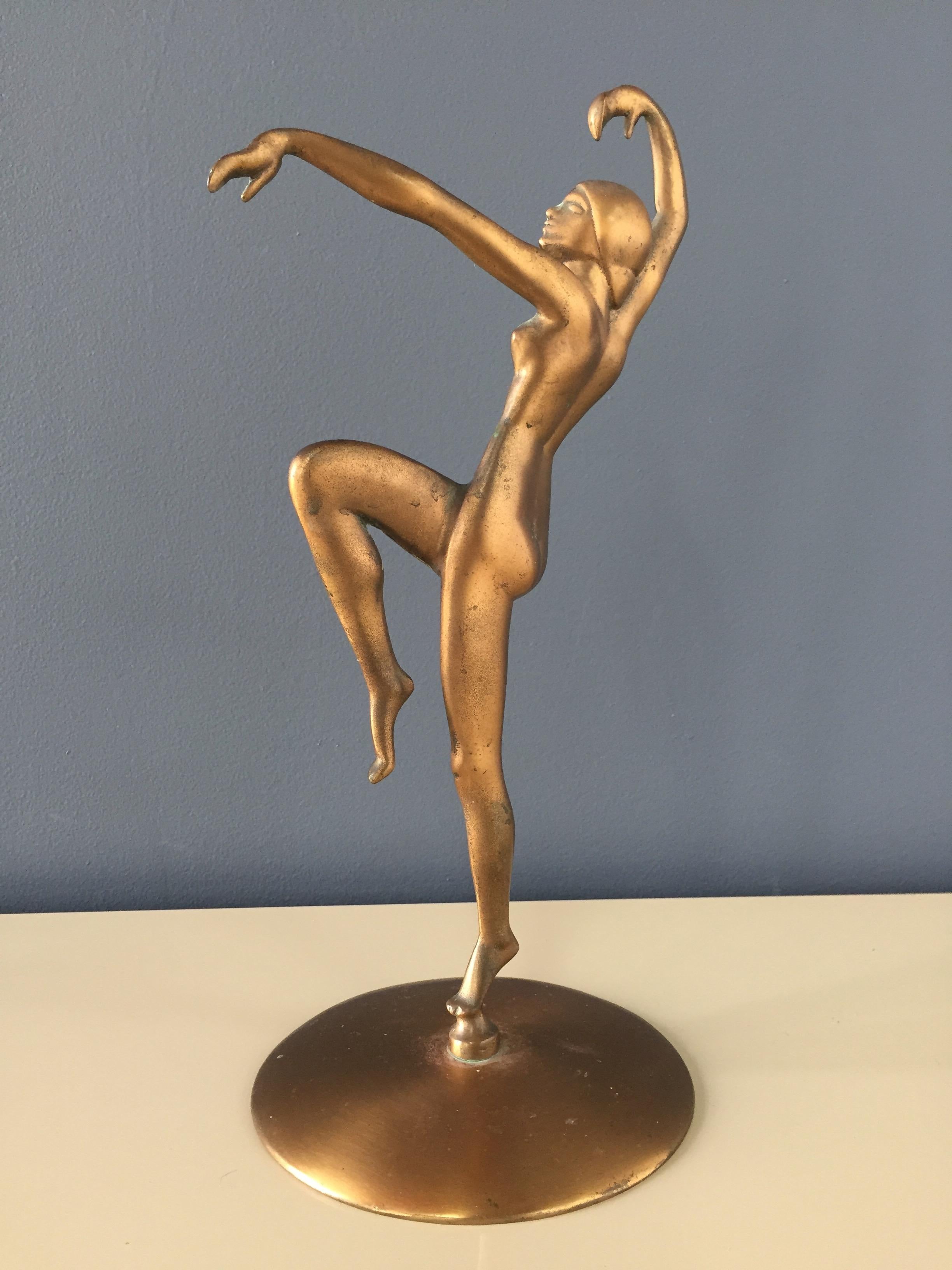 Art Deco Dancer Sculpture in Copper by Henri Lautier Cast by Robert Thew In Good Condition For Sale In Philadelphia, PA