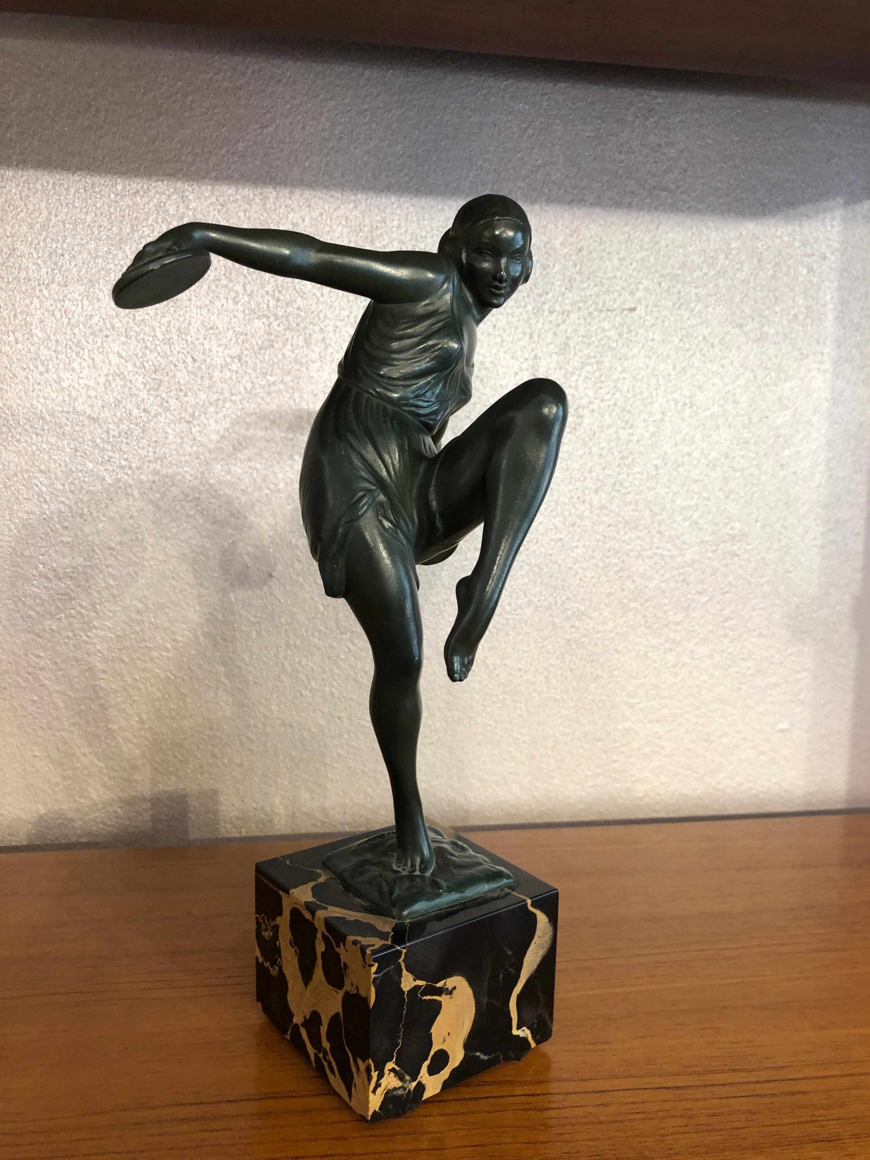 French Art Deco Dancer with Cymbals Signed Fayral Sculpture on Mable Base