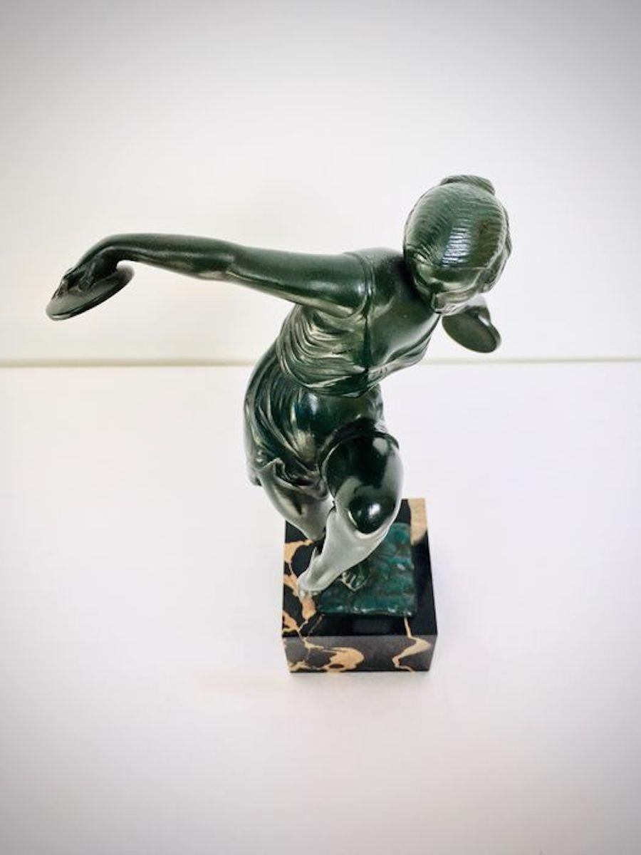 Bronze Art Deco Dancer with Cymbals Signed Fayral Sculpture on Mable Base