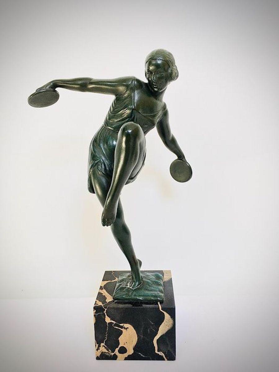 Art Deco Dancer with Cymbals Signed Fayral Sculpture on Mable Base 2