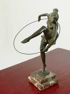 Art Deco Dancer with Hoop by Bruno Zach, Bronze on Marble Sculpture, ca 1925
