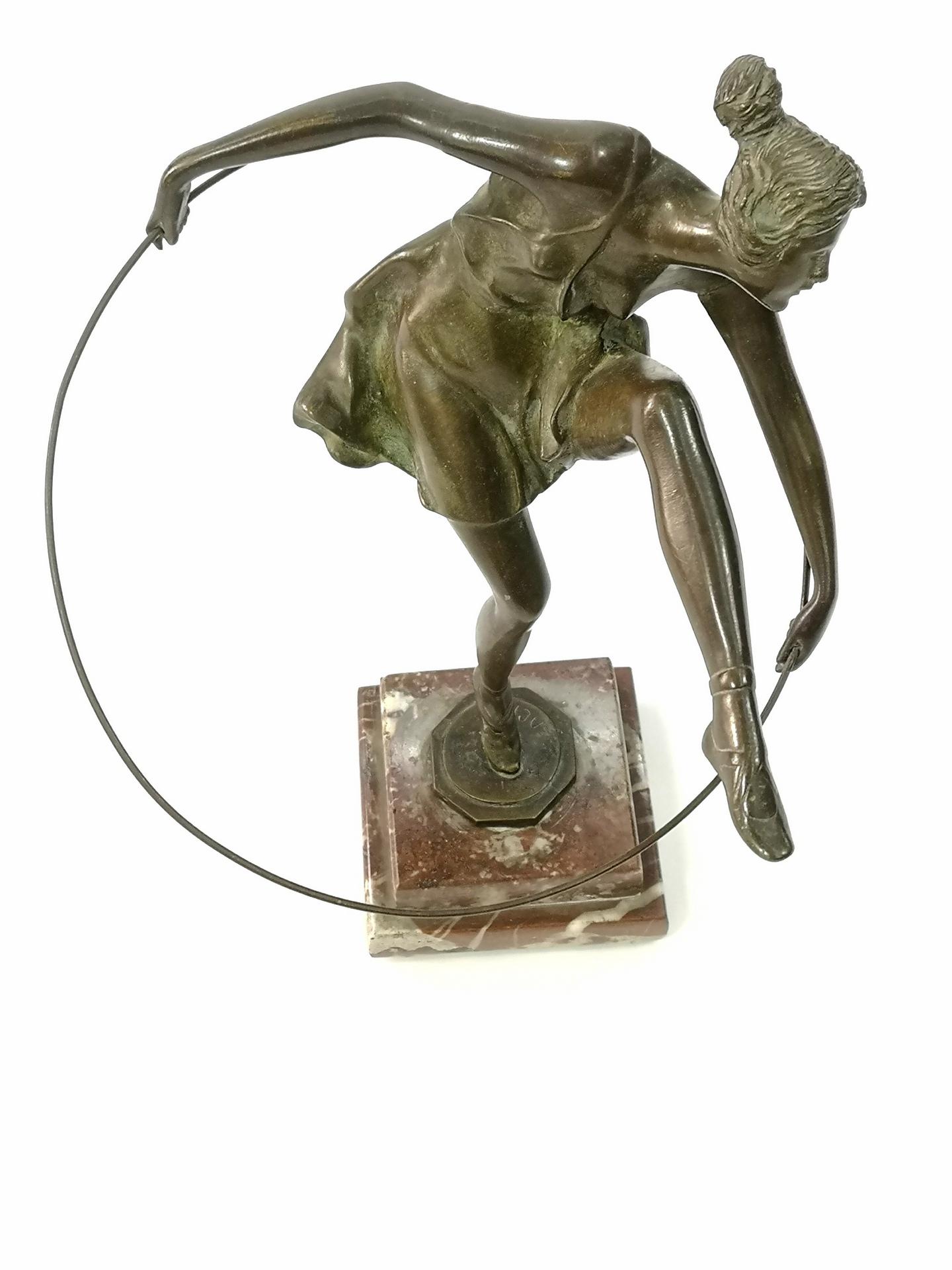 Art Deco Dancer with Hoop by Bruno Zach, Bronze on Marble Sculpture, ca 1925 In Good Condition In Budapest, HU