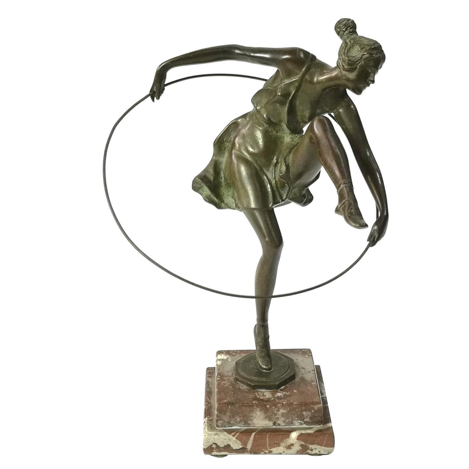 Art Deco Dancer with Hoop by Bruno Zach, Bronze on Marble Sculpture, ca 1925