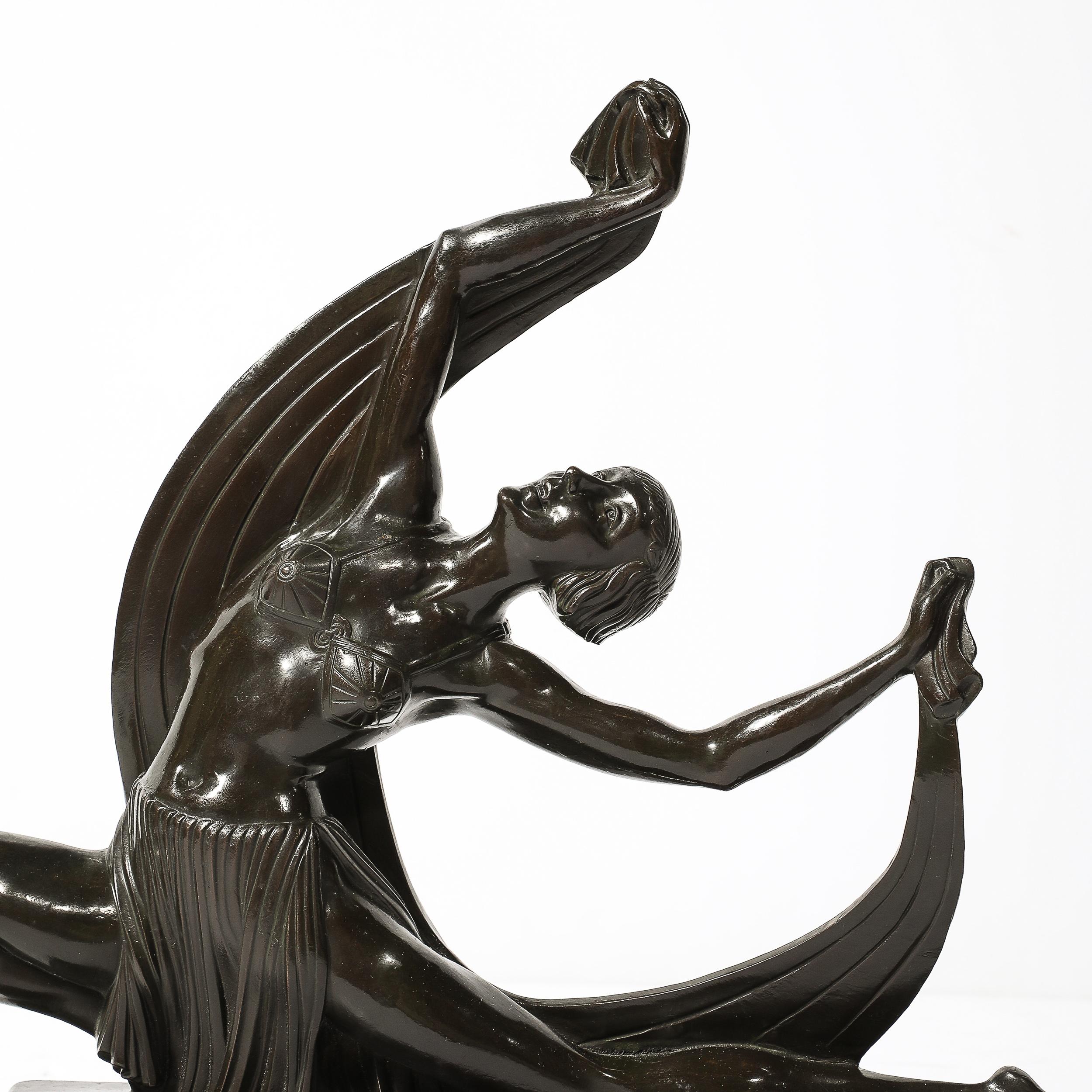 This expressive Art Deco Dancing Flapper Sculpture in Bronze Signed Ferdinand Preiss originates from France, Circa 1930. This sculpture is rendered in bronze, full of movement and elegance with a dancing figure engaged in a deep lunge draping a