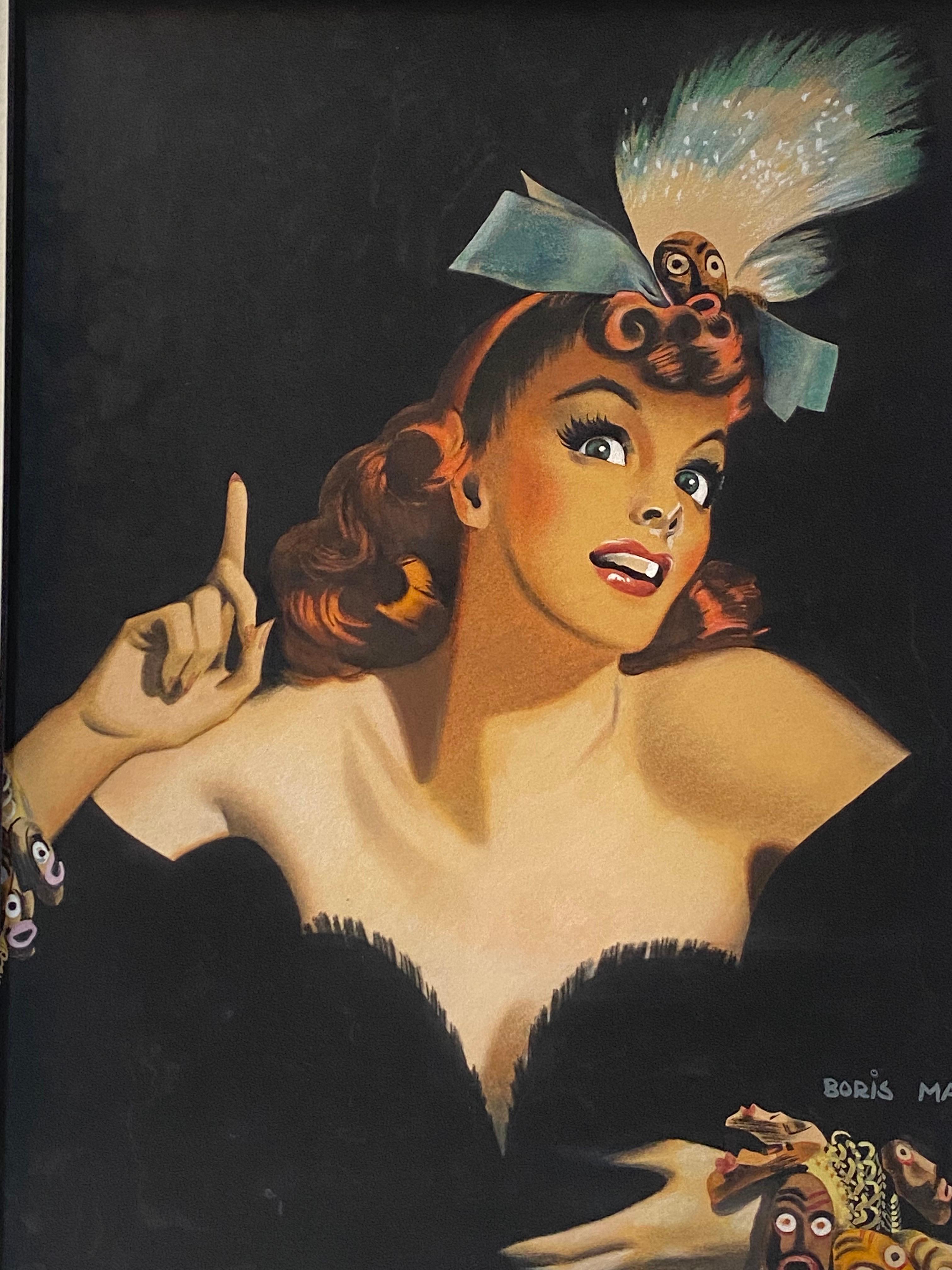 Art Deco period pin up girl illustration art. This beautiful auburn haired blue eyed lady is dressed in fine evening attire in a low cut revealing black gown and decked out with flashy tribal mask accents on her wrists and head. The artist uses that