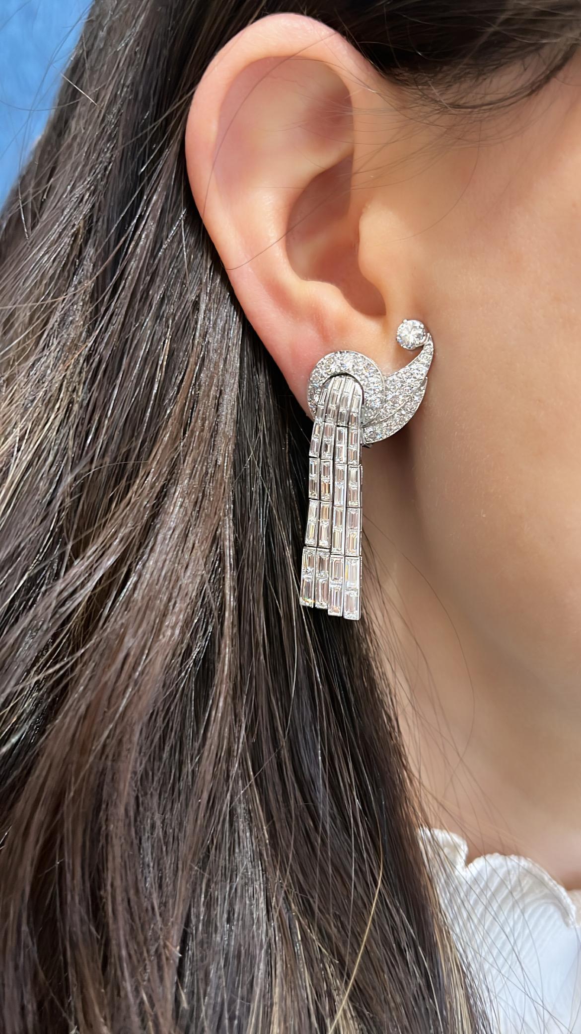 Art Deco Dangle Diamond Ear Clips, 8.00 Carat set in Platinum  For Sale 2