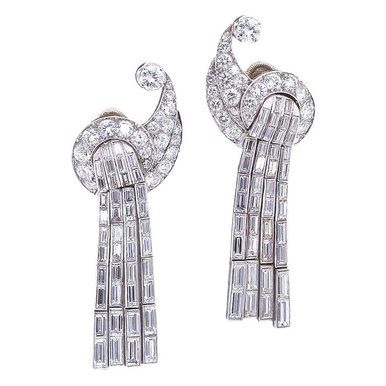 Art Deco Dangle Diamond Ear Clips, 8.00 Carat set in Platinum 