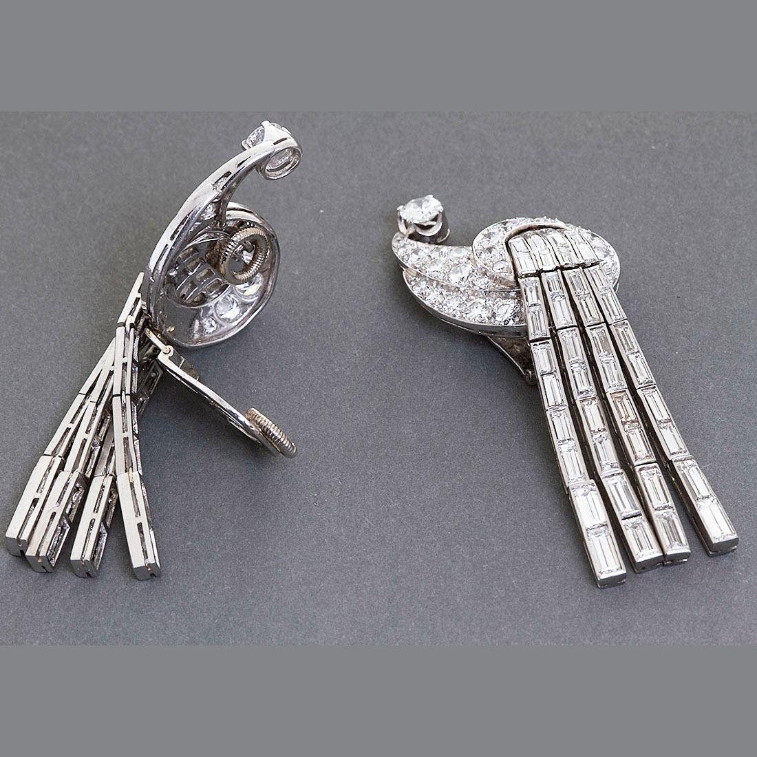 Art Deco Dangle Diamond Ear Clips, 8.00 Carat In Excellent Condition For Sale In Lakewood, NJ