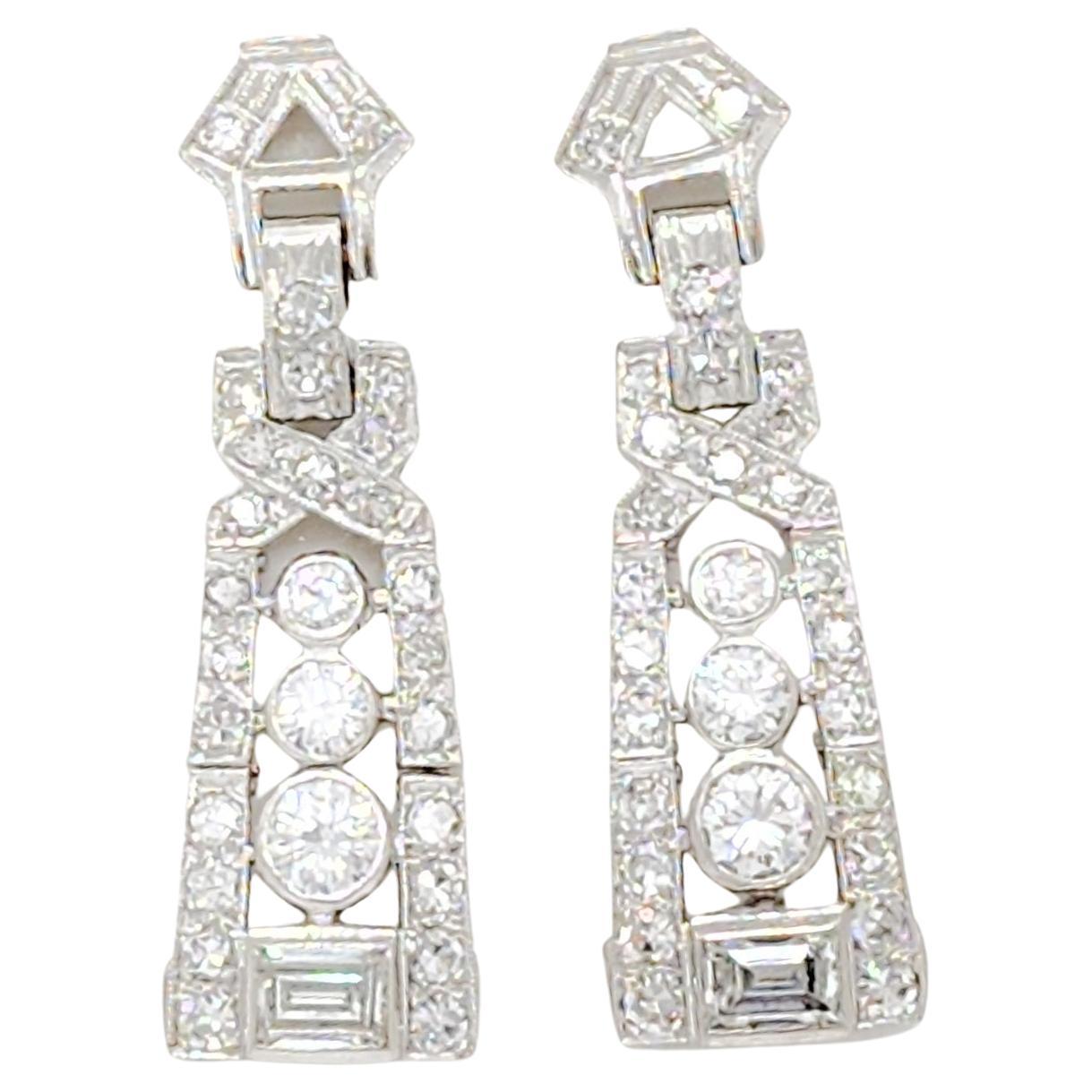 Art Deco Dangle Diamond Earrings in Platinum