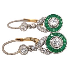 Art Deco Dangle Emerald Diamonds Platinum Gold Earrings