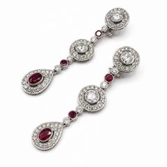 ART-DECO Dangle Style Earrings In Platinum 9.30 CTW Burma Ruby & Diamond.