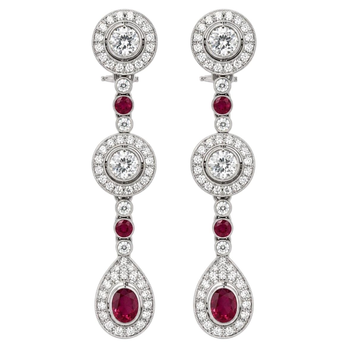 ART-DECO Dangle Style Earrings In Platinum 9.30 CTW Burma Ruby & Diamond.