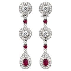 ART-DECO Dangle Style Earrings In Platinum 9.30 CTW Burma Ruby & Diamond.