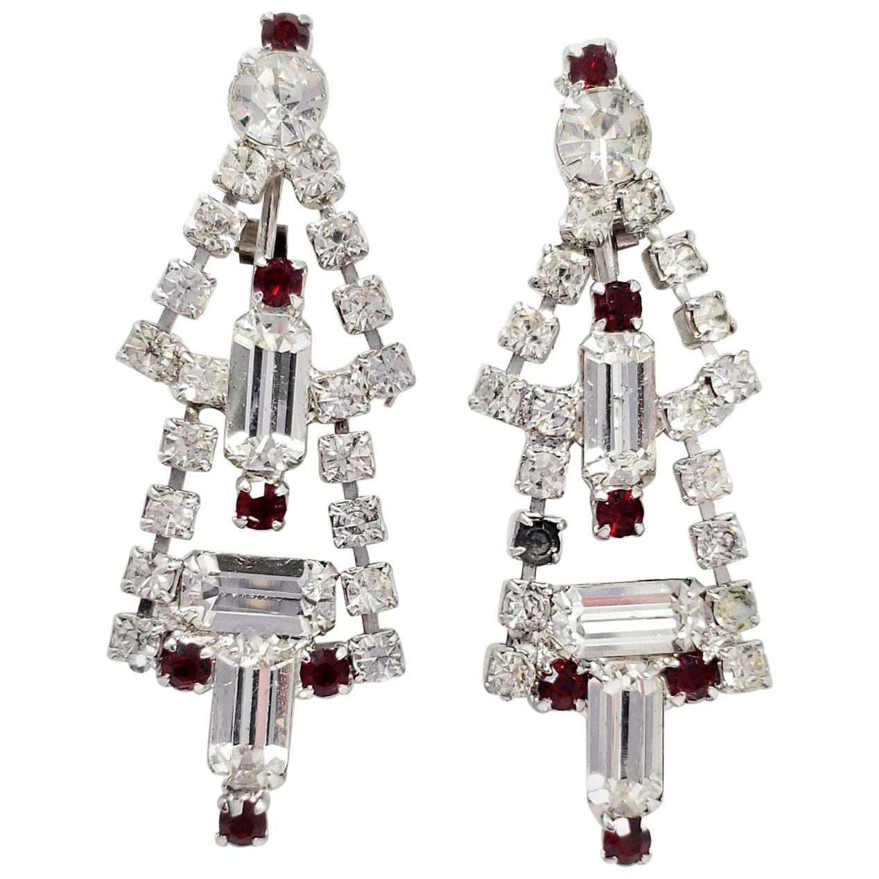 Art Deco Dangling Clip On Earrings in Silver, Red and Clear Crystal For Sale