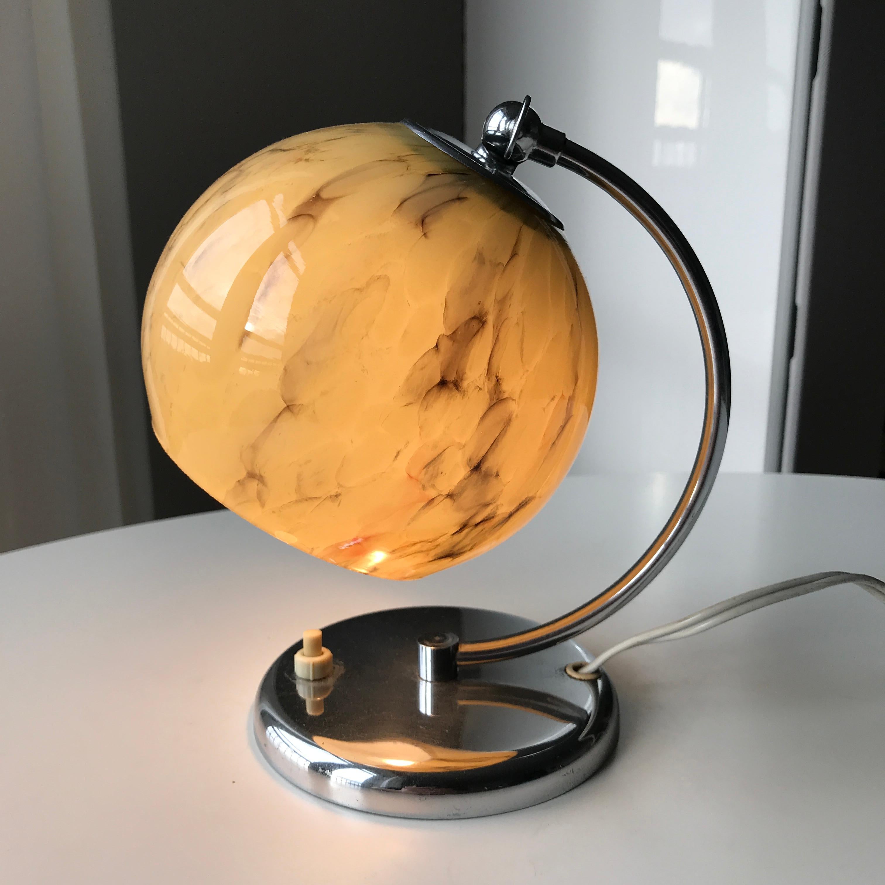 Danish Fog and Mørup Art Deco desk lamp with chromed base and neck. Layer by layer paline glass shade with marble decoration. Head angle adjustable. Very good working condition. Please notice last image from the Fog & Mørup catalogue with a similar