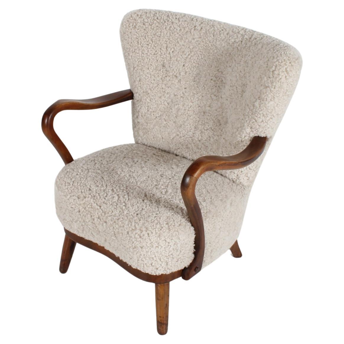 Art Deco Danish Fritz Hansen Style Lounge Chair Beech with New Sheepskin 1940s