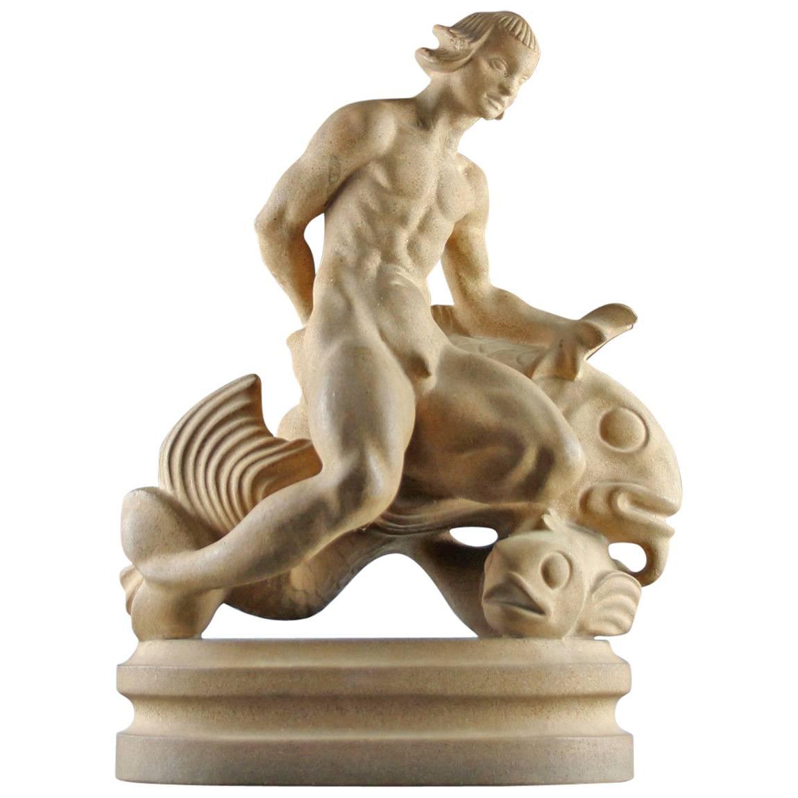 Art Deco Danish Sandstone Ceramic Sculpture of a Merman by Just Andersen