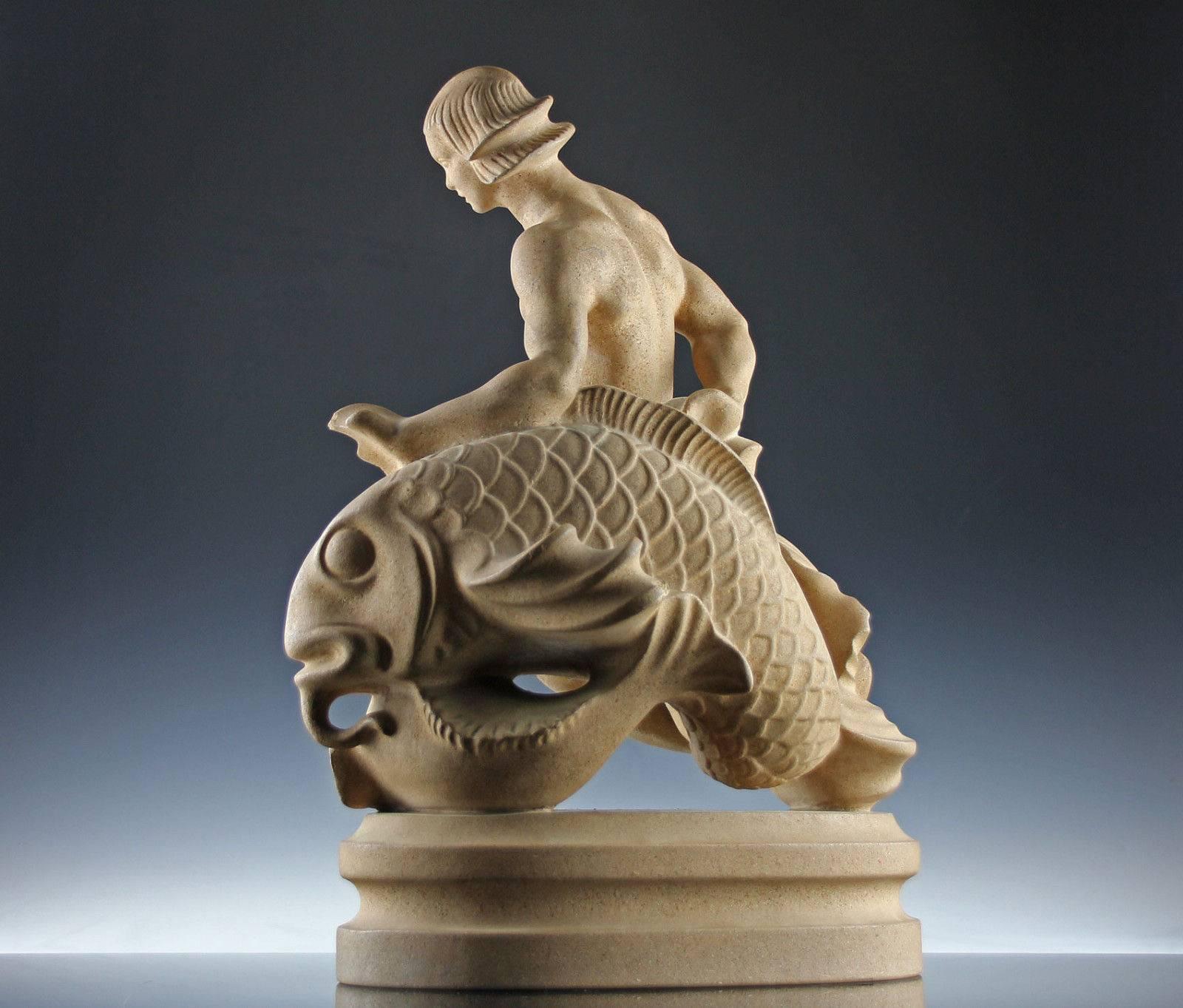 German Art Deco Danish Sandstone Ceramic Sculpture of a Merman by Just Andersen
