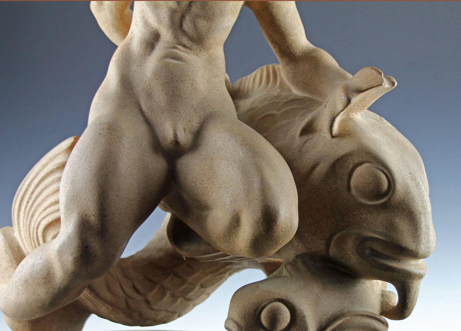 Art Deco Danish Sandstone Ceramic Sculpture of a Merman by Just Andersen 2