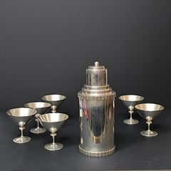 Art Deco Danish Silver Plated Cocktail Shaker and Six GAB Martini Glasses