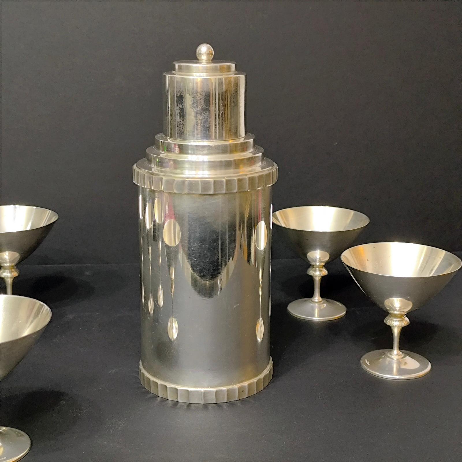 European Art Deco Danish Silver Plated Cocktail Shaker and Six GAB Martini Glasses For Sale