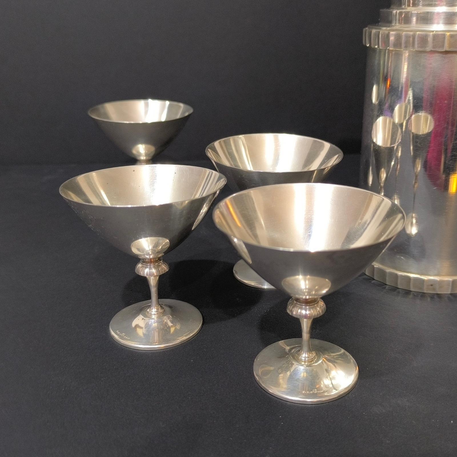 Art Deco Danish Silver Plated Cocktail Shaker and Six GAB Martini Glasses For Sale 3