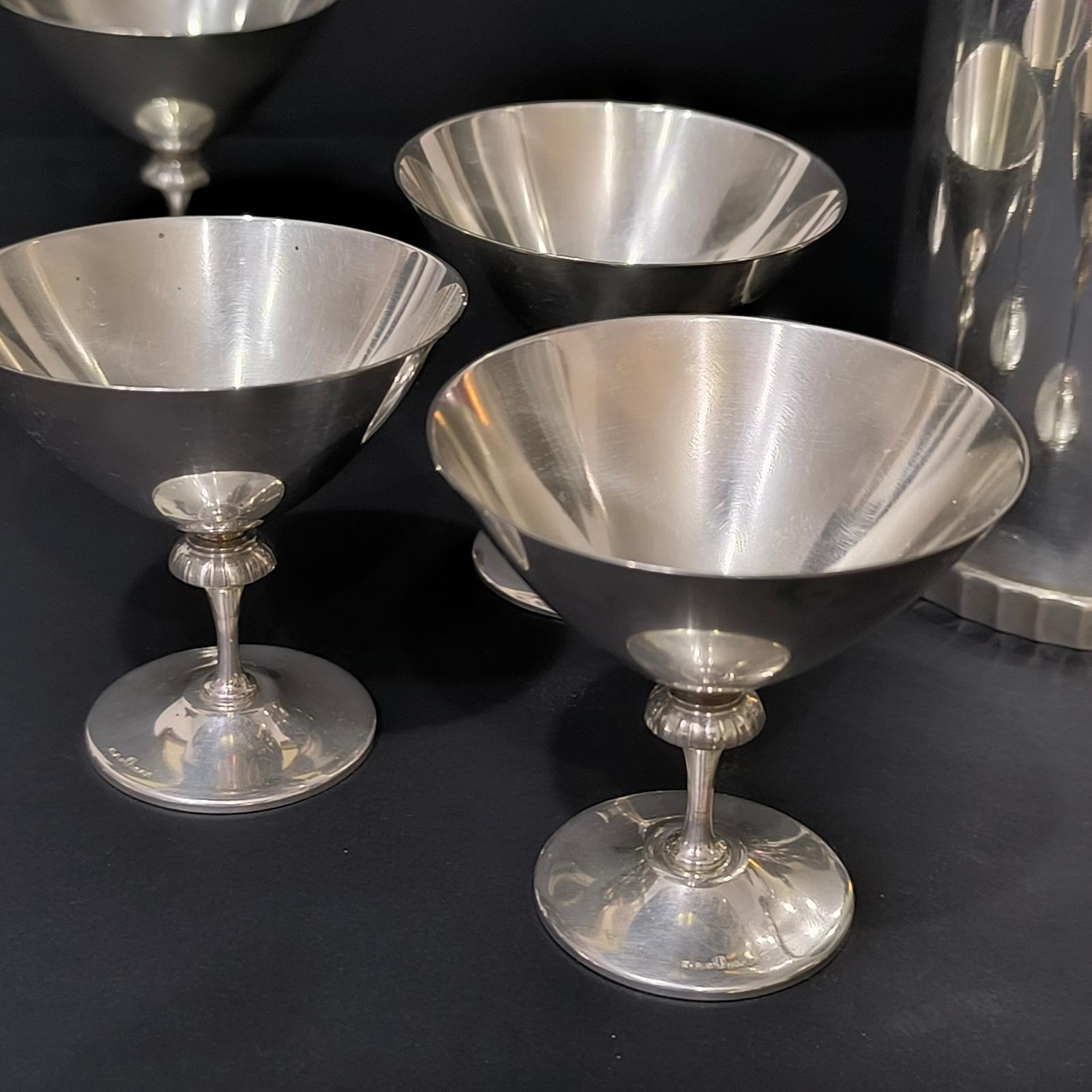 Art Deco Danish Silver Plated Cocktail Shaker and Six GAB Martini Glasses For Sale 4