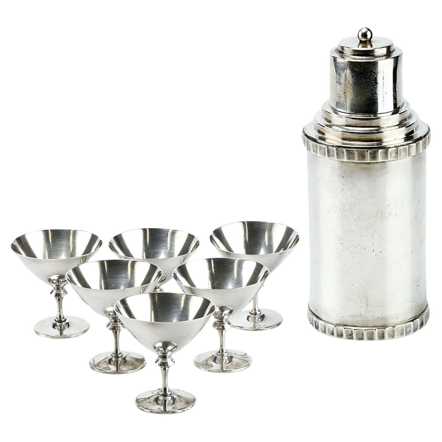 Art Deco Danish Silver Plated Cocktail Shaker and Six GAB Martini Glasses For Sale