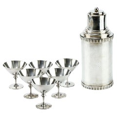 Antique Art Deco Danish Silver Plated Cocktail Shaker and Six GAB Martini Glasses