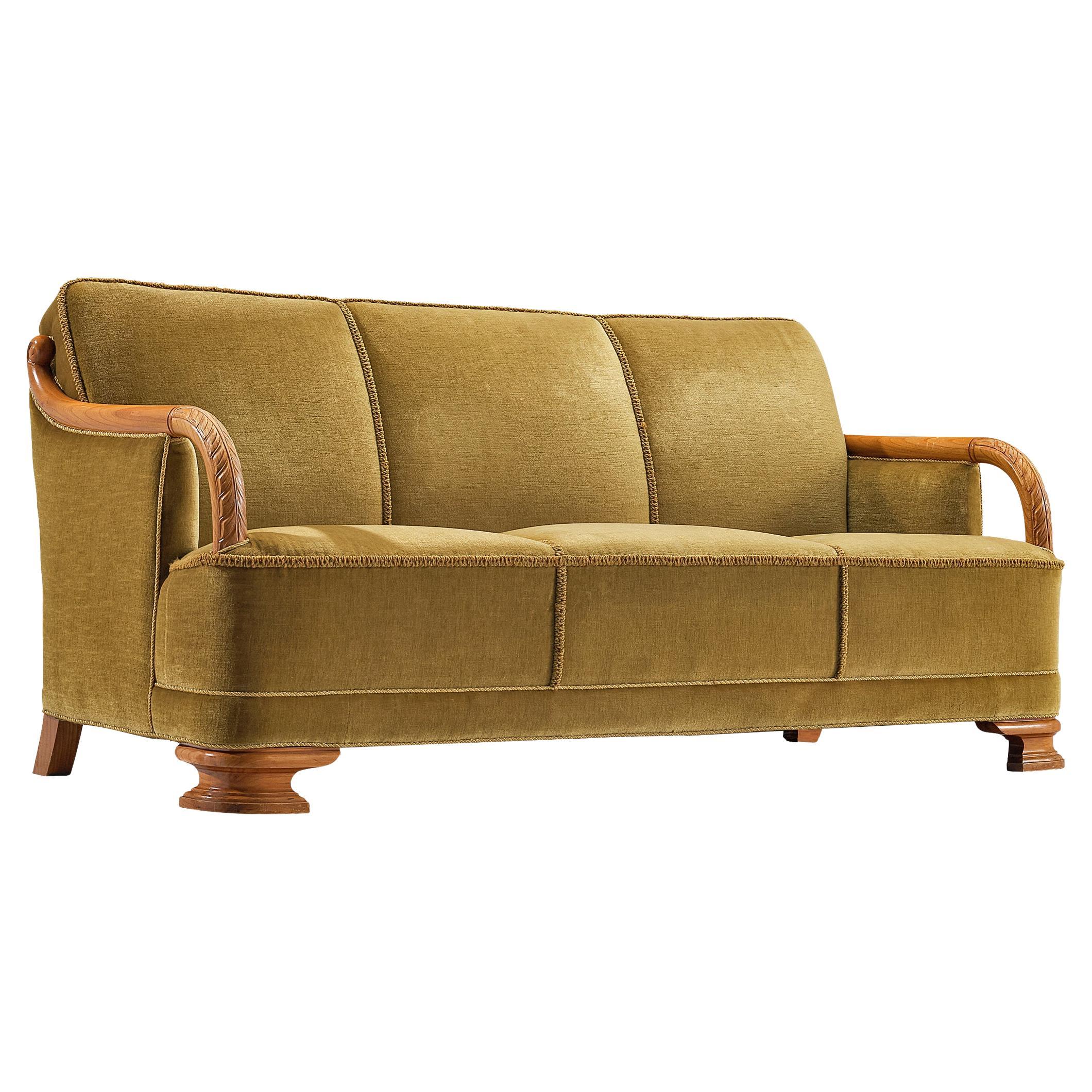 Art Deco Danish Sofa in Olive Green Velvet and Elm