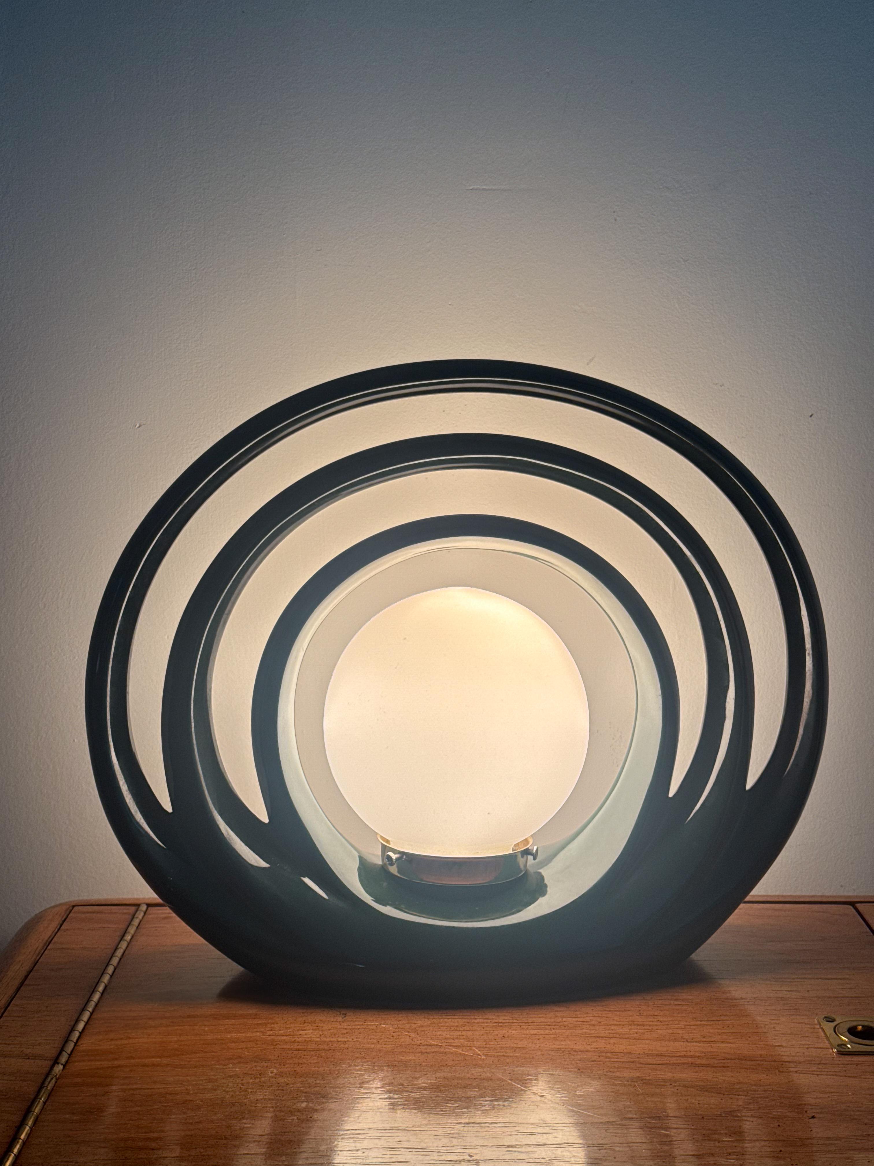 Canadian Art Deco Dark Green Ceramic Halo Table Lamp with Globe Shade 1980s For Sale