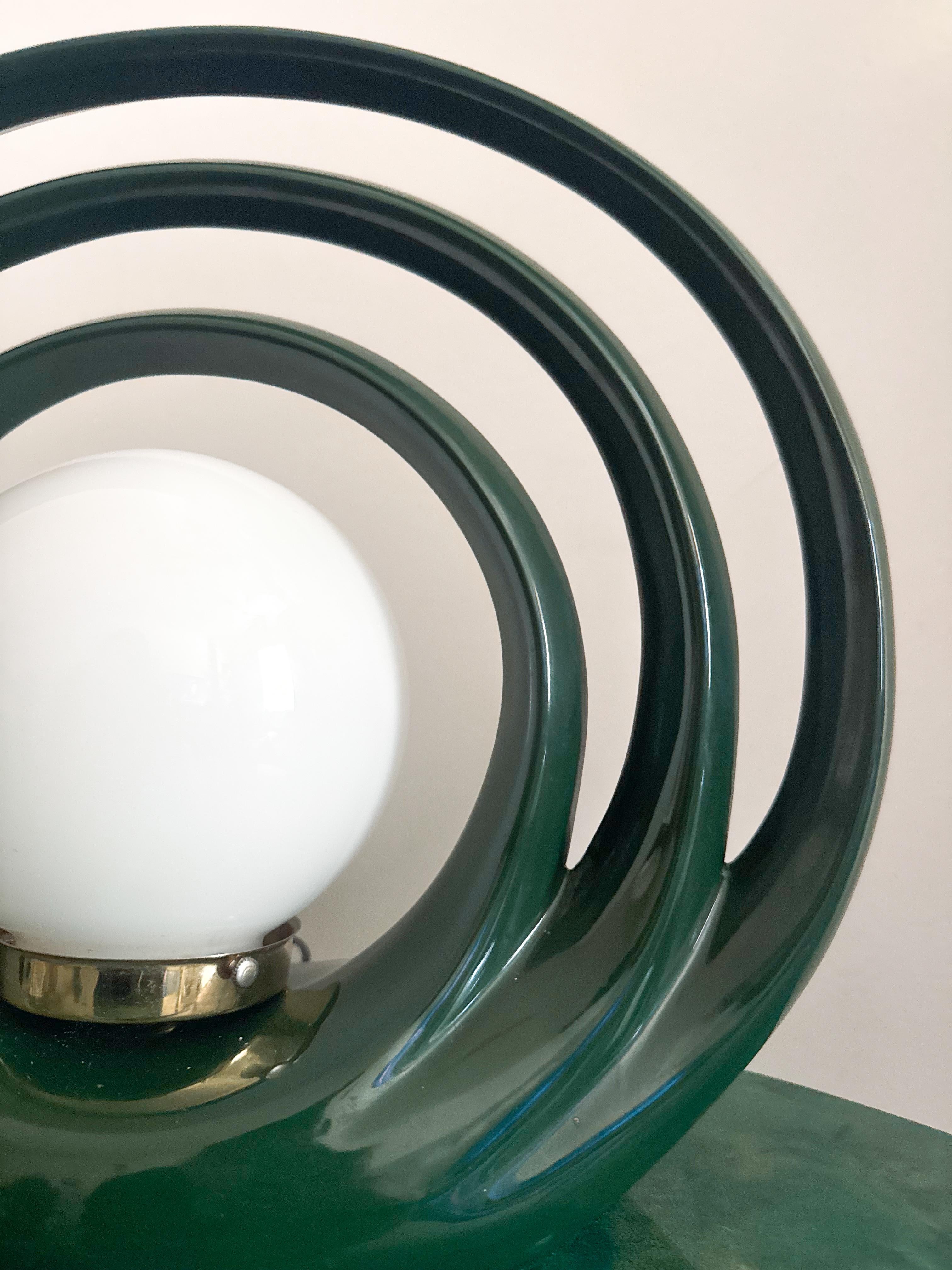 Late 20th Century Art Deco Dark Green Ceramic Halo Table Lamp with Globe Shade 1980s For Sale