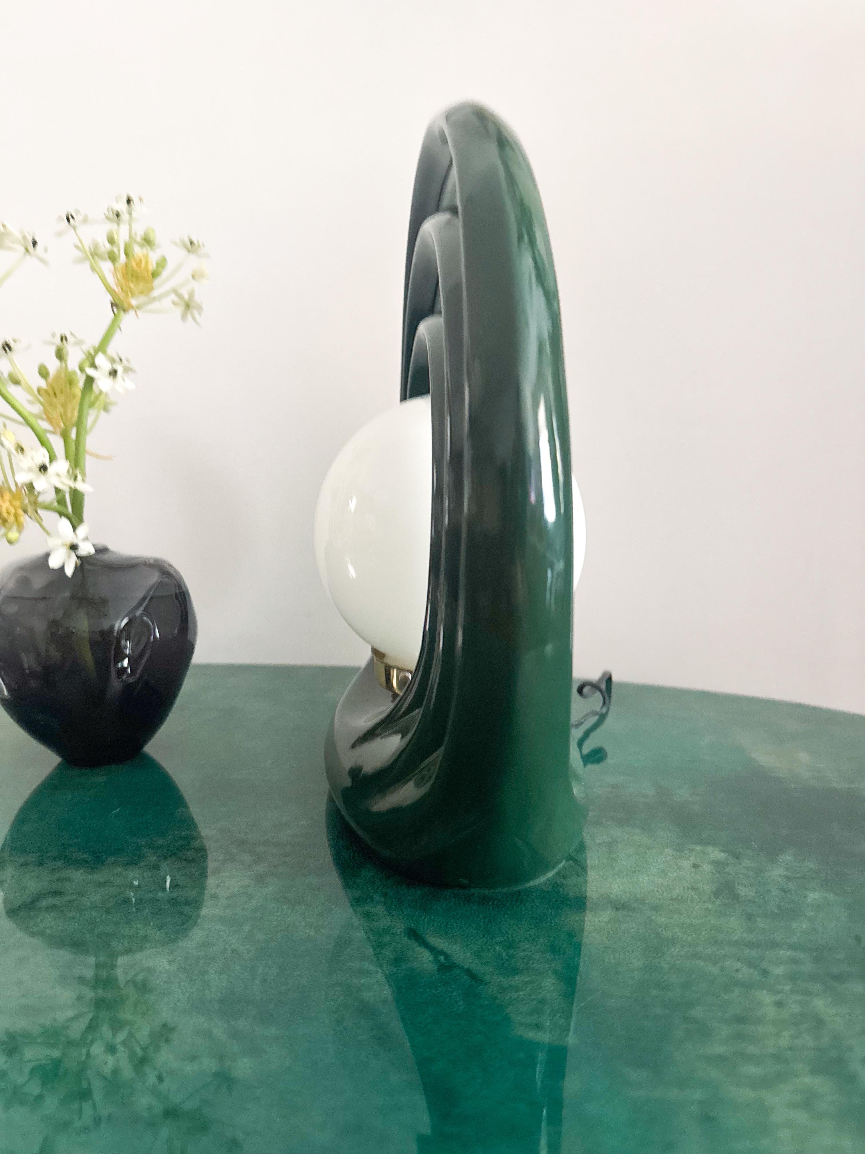 Art Deco Dark Green Ceramic Halo Table Lamp with Globe Shade 1980s For Sale 1