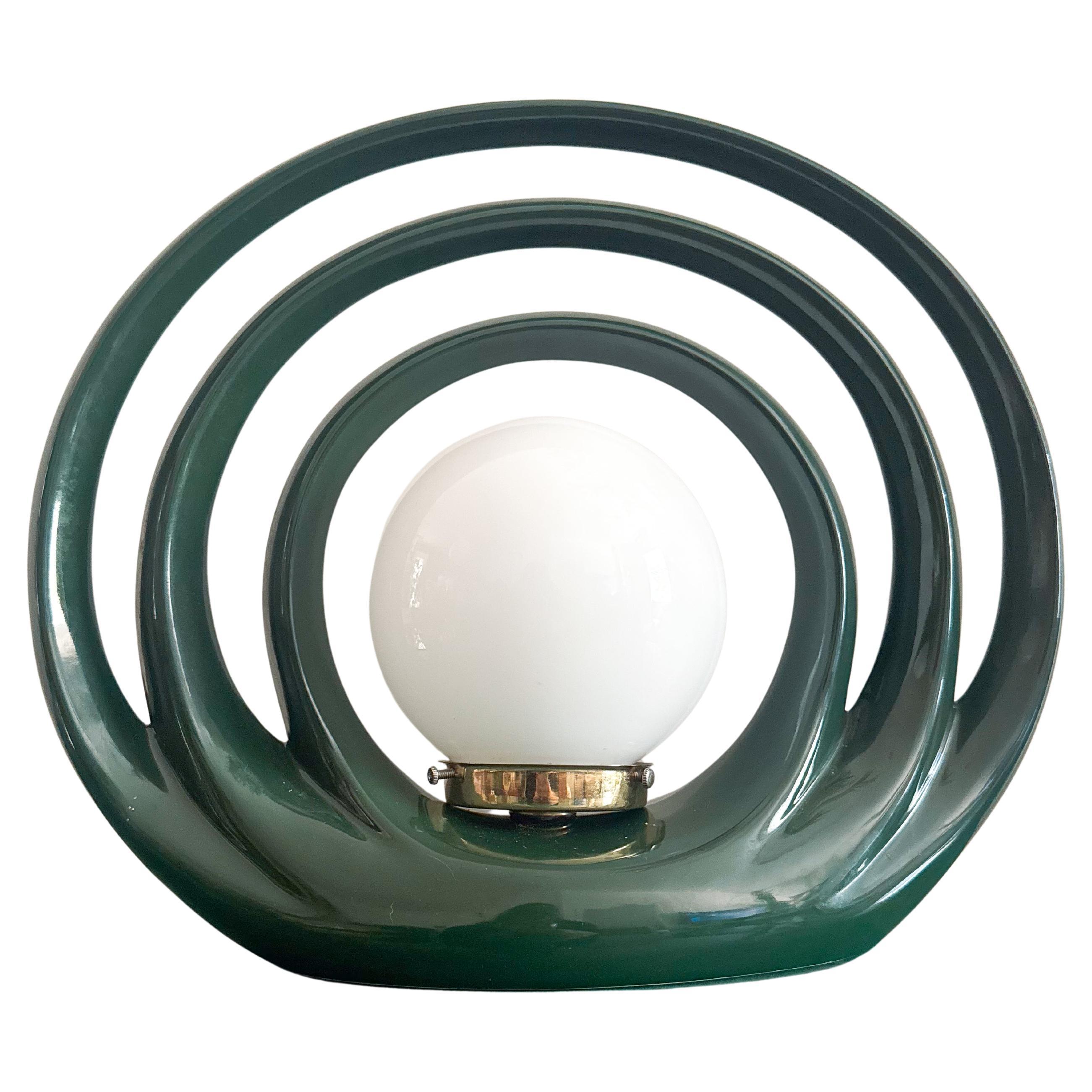 Art Deco Dark Green Ceramic Halo Table Lamp with Globe Shade 1980s For Sale