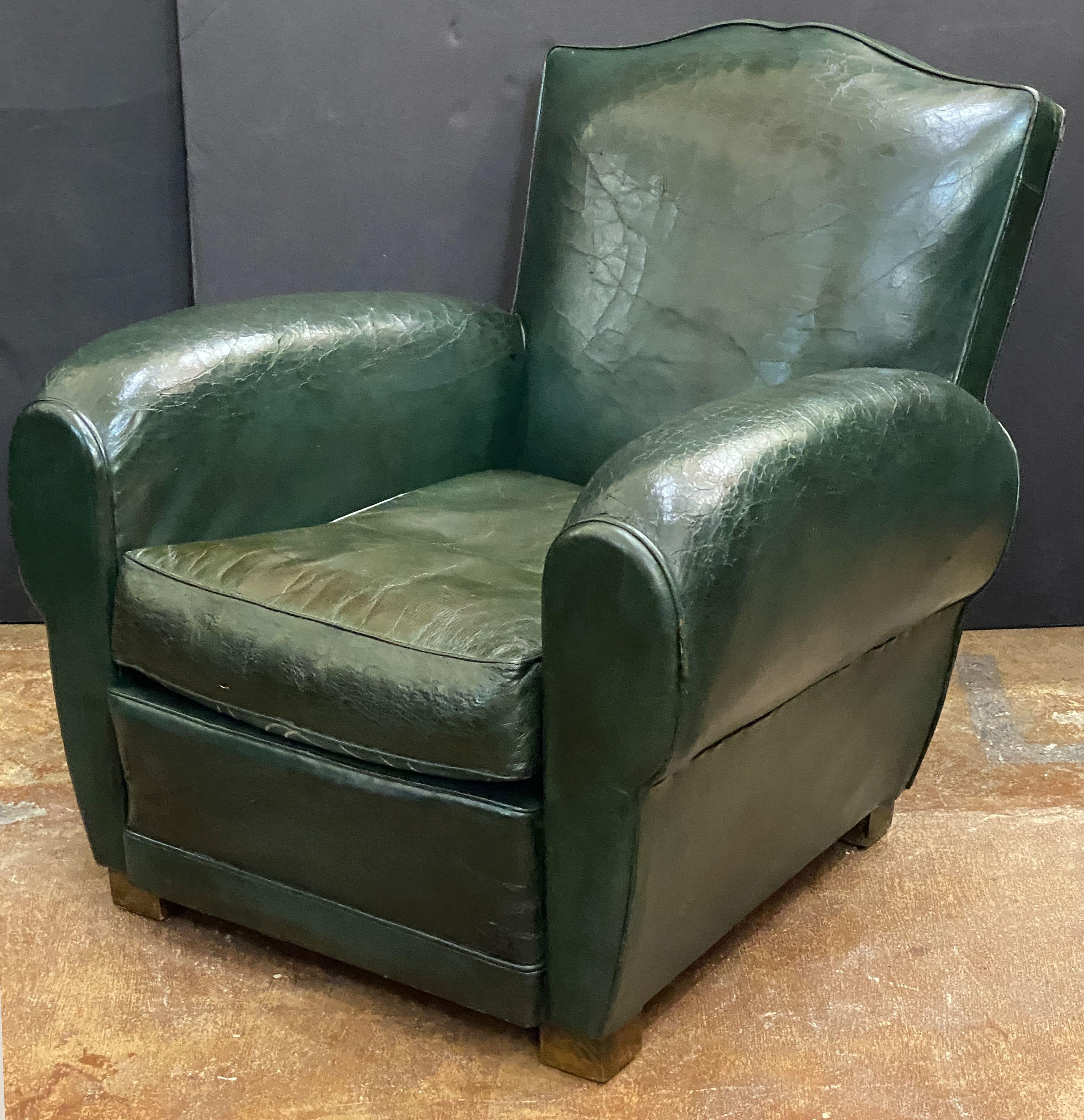Art Deco Dark Green Leather Club or Lounge Chairs from France - Two Available For Sale 5
