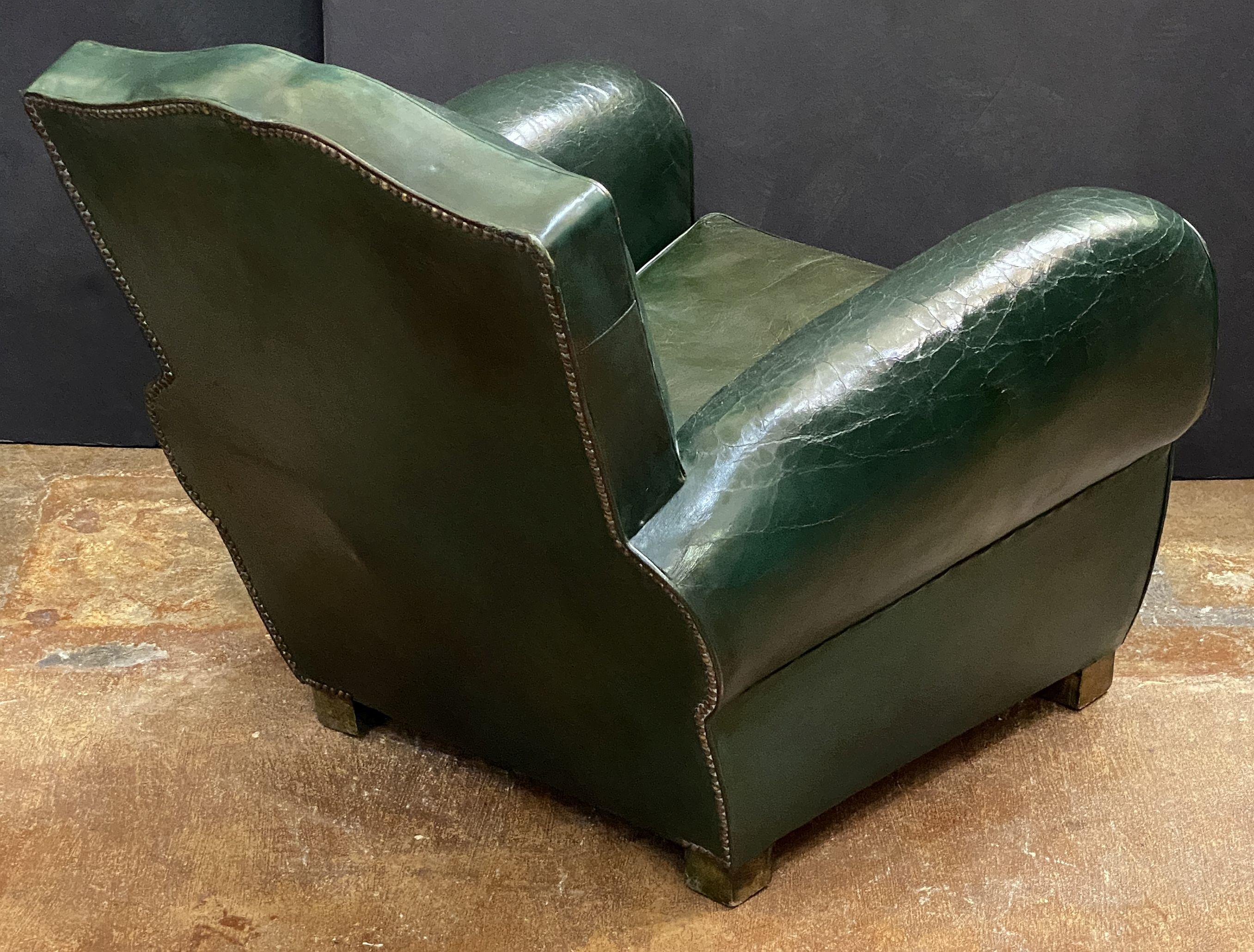 Art Deco Dark Green Leather Club or Lounge Chairs from France - Two Available For Sale 6