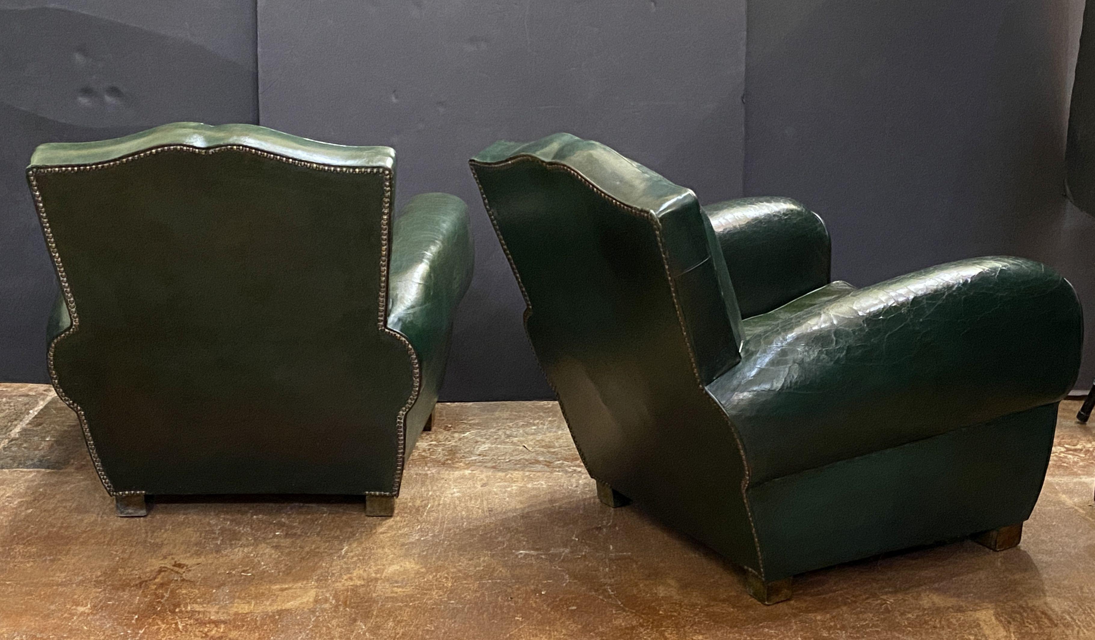 Art Deco Dark Green Leather Club or Lounge Chairs from France - Two Available For Sale 7