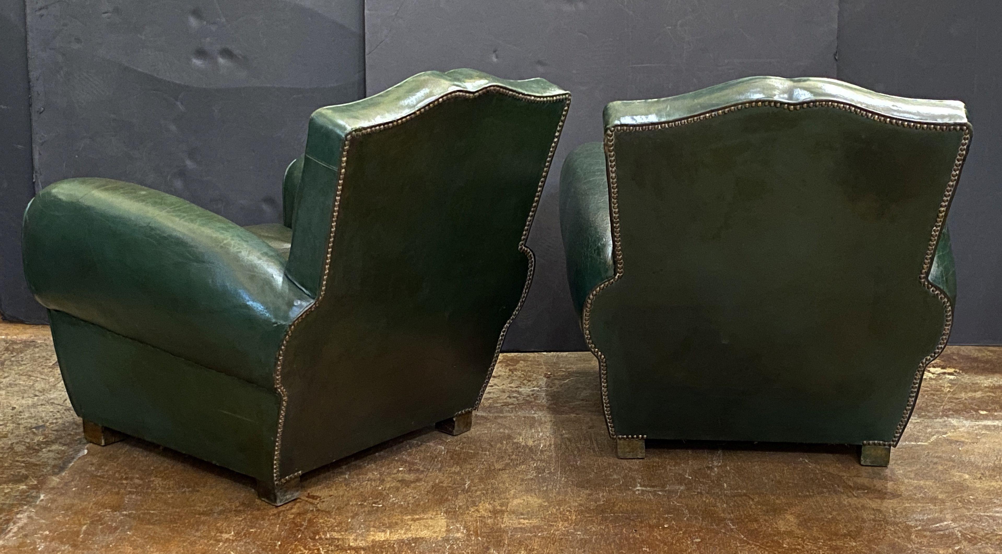 Art Deco Dark Green Leather Club or Lounge Chairs from France - Two Available For Sale 8