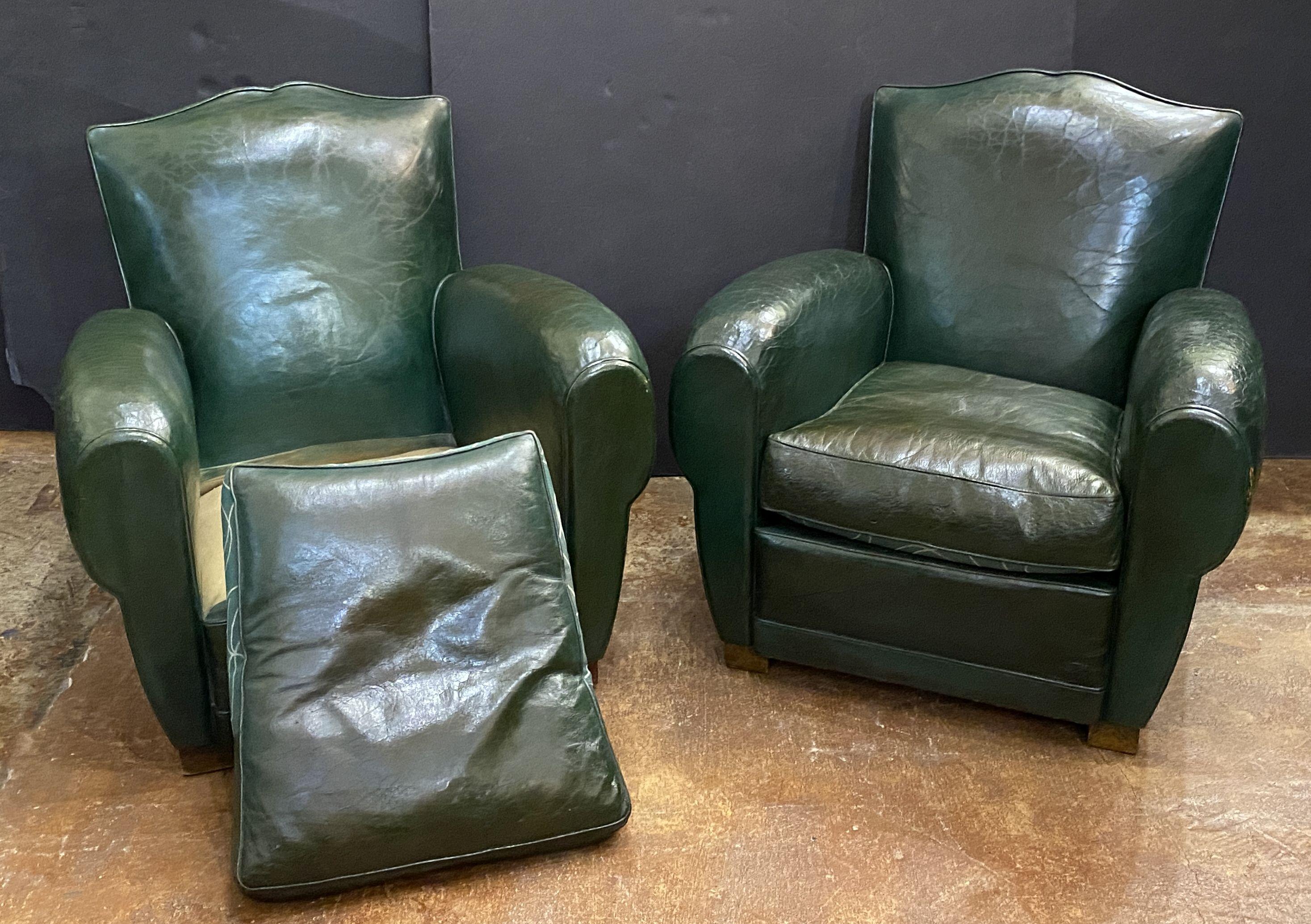 Art Deco Dark Green Leather Club or Lounge Chairs from France - Two Available For Sale 9