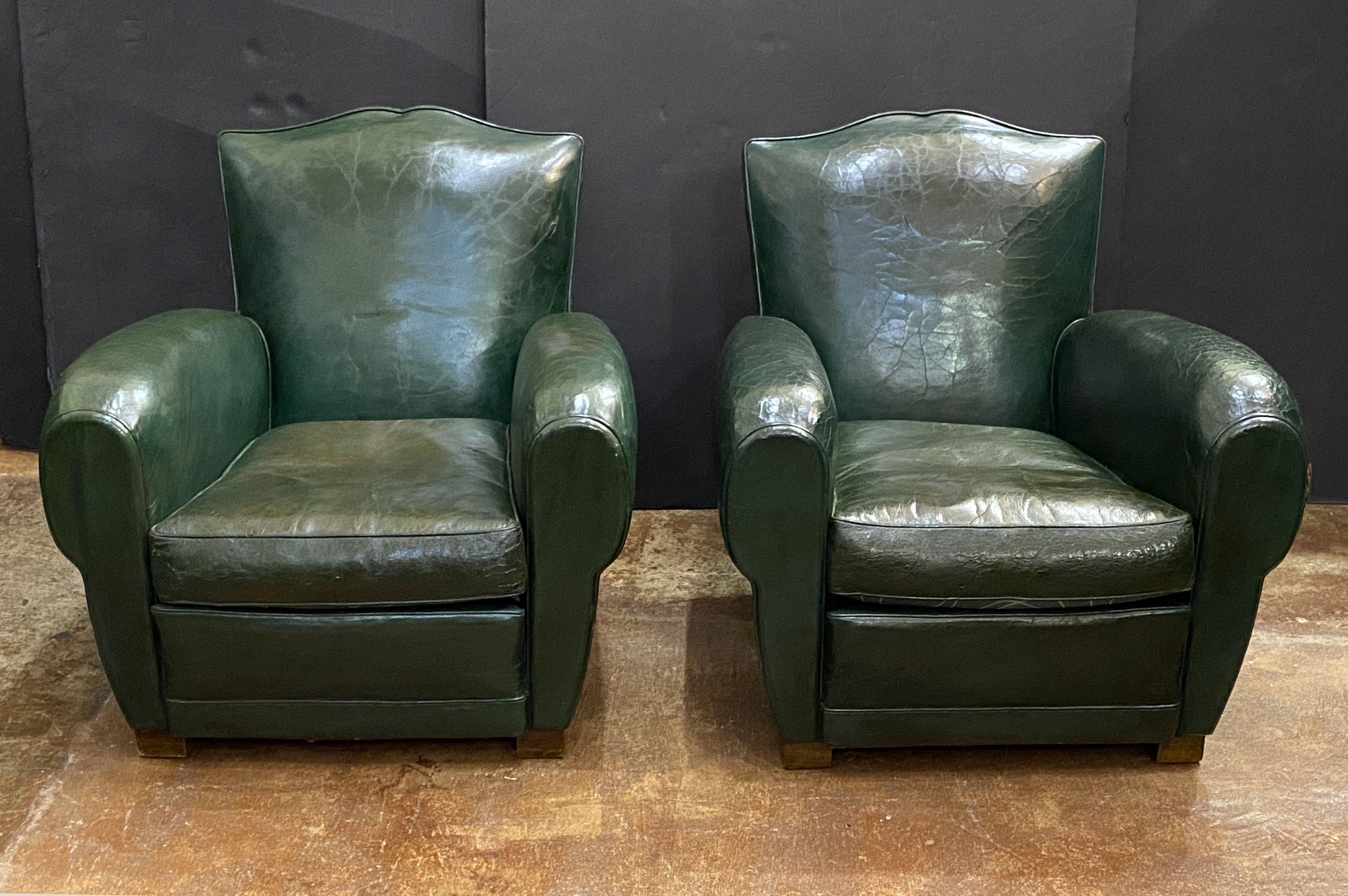 French Art Deco Dark Green Leather Club or Lounge Chairs from France - Two Available For Sale