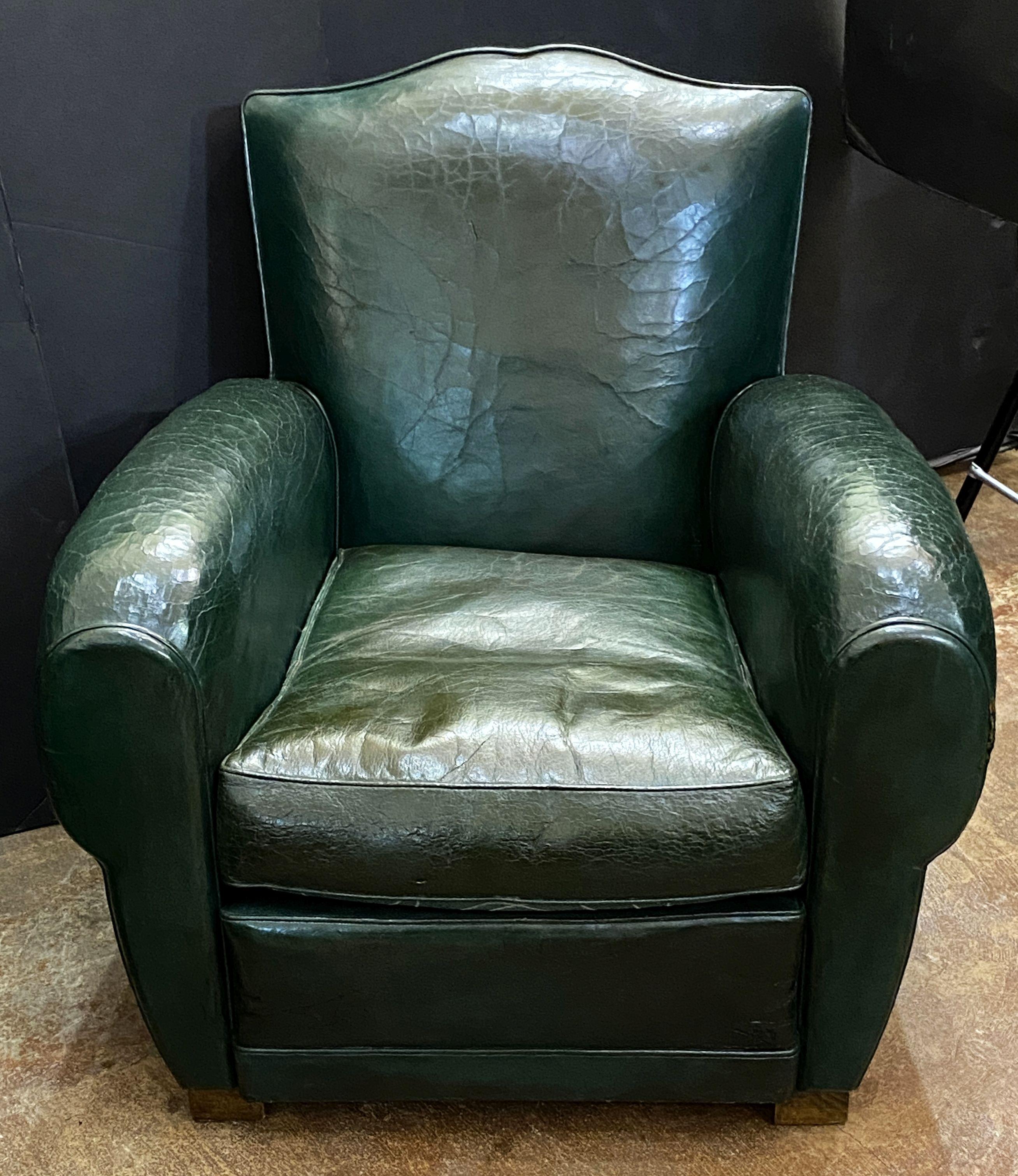20th Century Art Deco Dark Green Leather Club or Lounge Chairs from France - Two Available For Sale