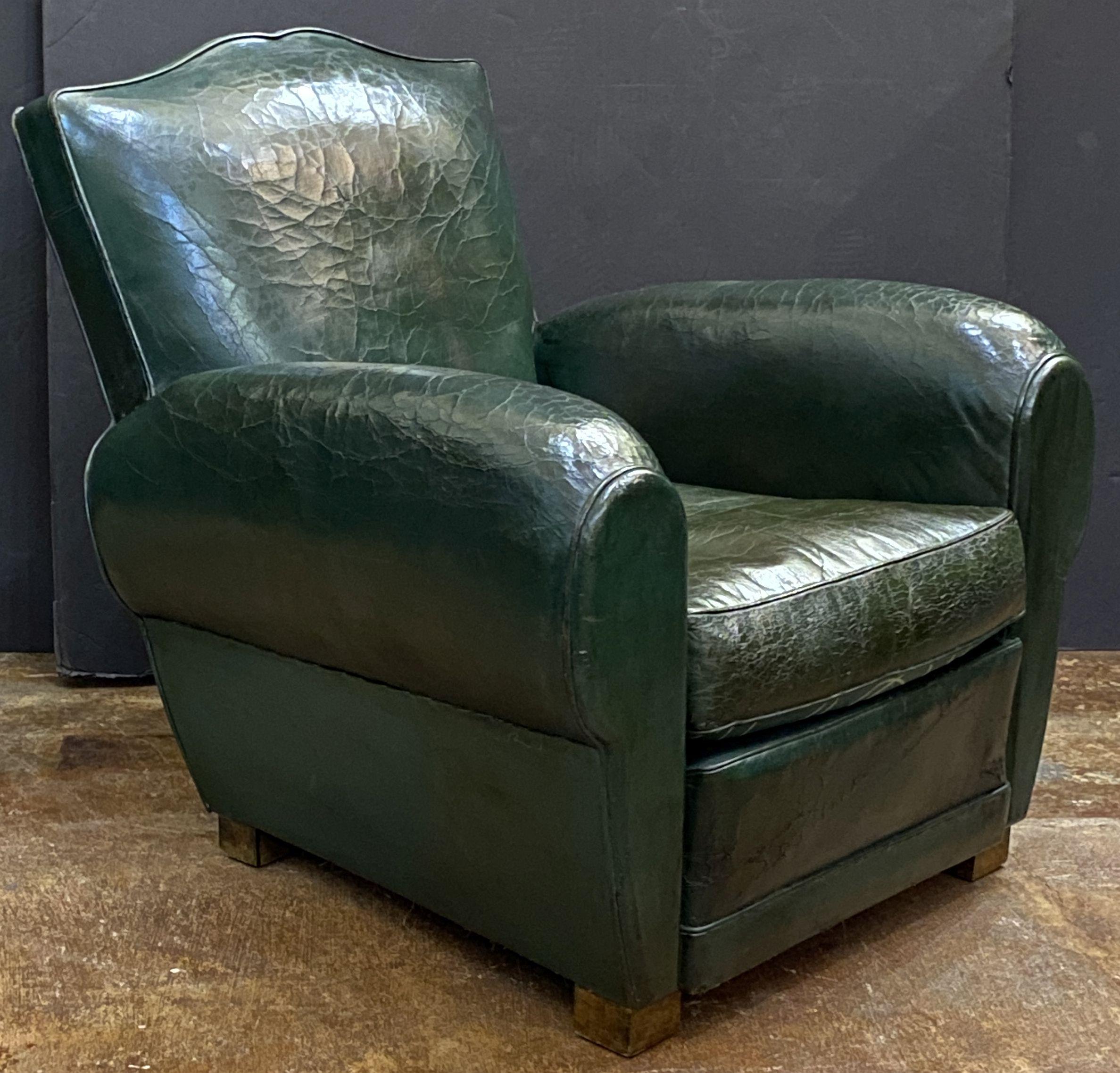 Metal Art Deco Dark Green Leather Club or Lounge Chairs from France - Two Available For Sale