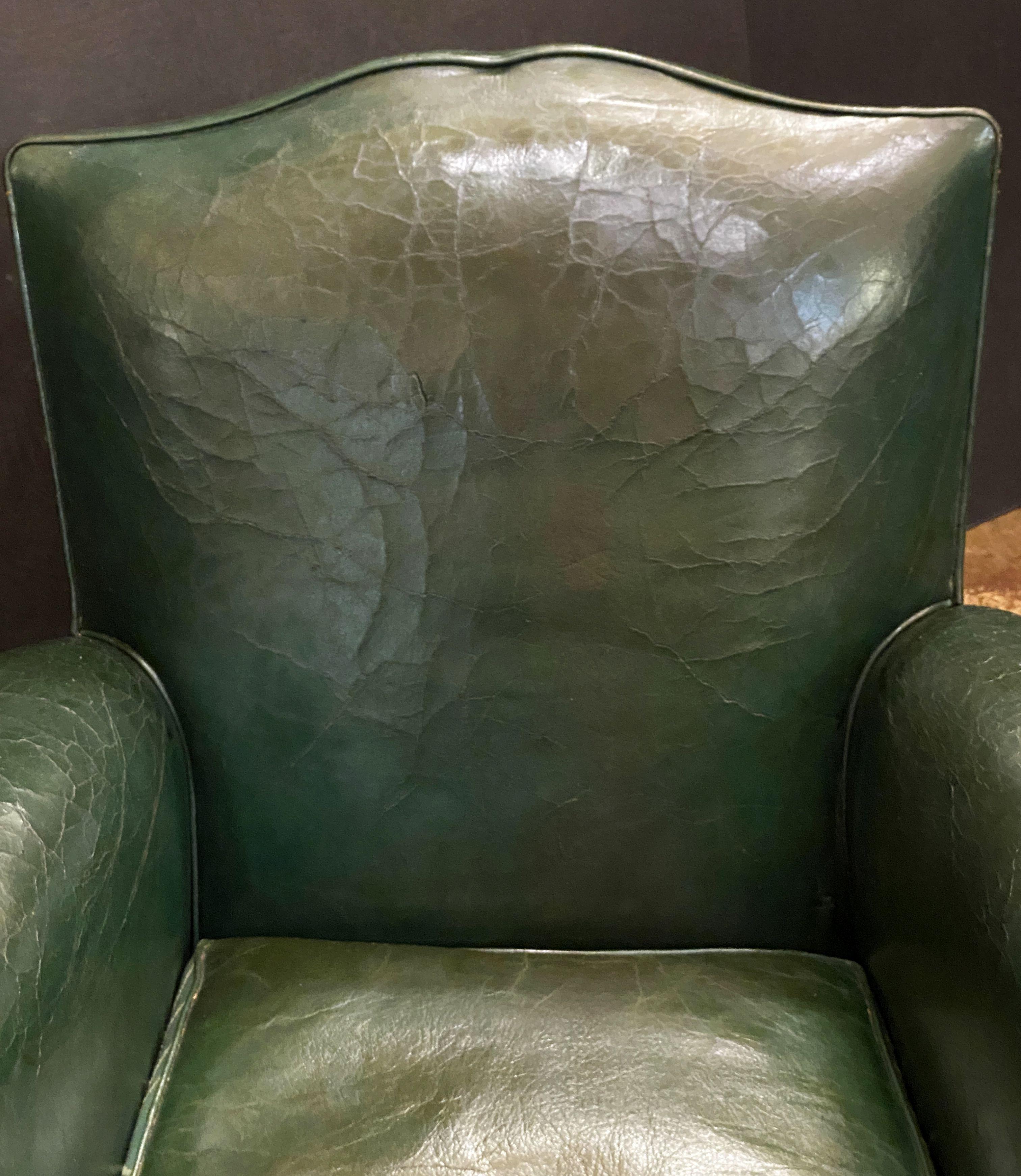Art Deco Dark Green Leather Club or Lounge Chairs from France - Two Available For Sale 1