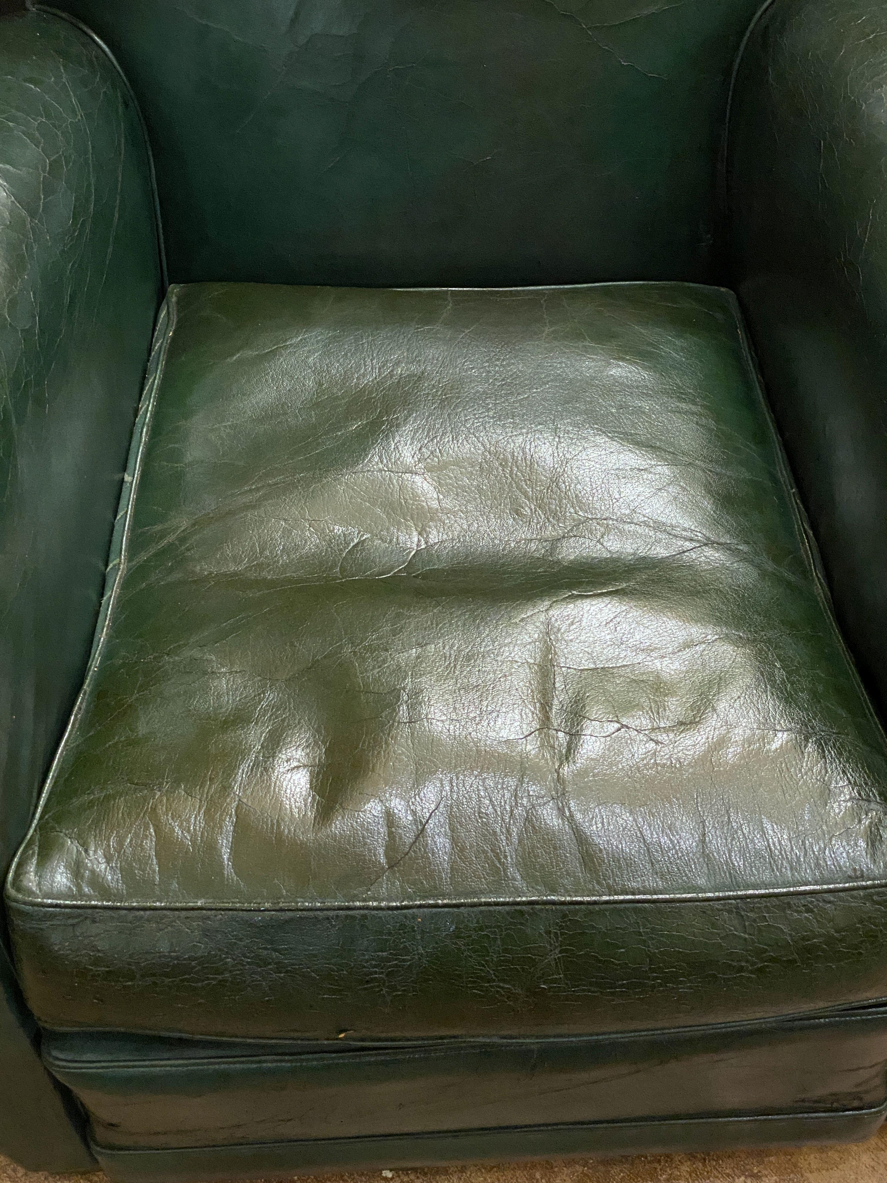 Art Deco Dark Green Leather Club or Lounge Chairs from France - Two Available For Sale 3