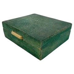 Art Deco Dark Green Shagreen Covered Wooden Box with Bar-Form Lid-Lift