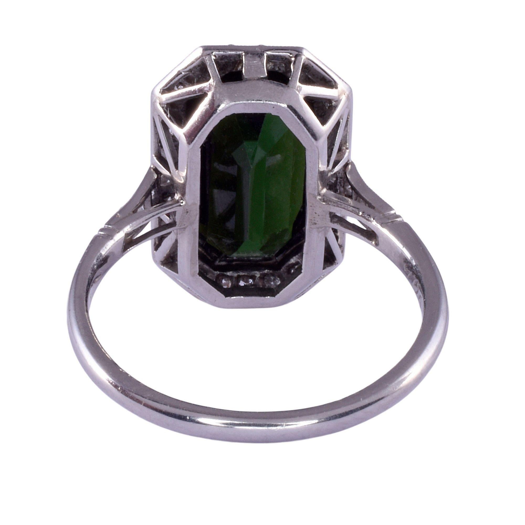Emerald Cut Art Deco Dark Green Tourmaline Platinum Ring For Sale