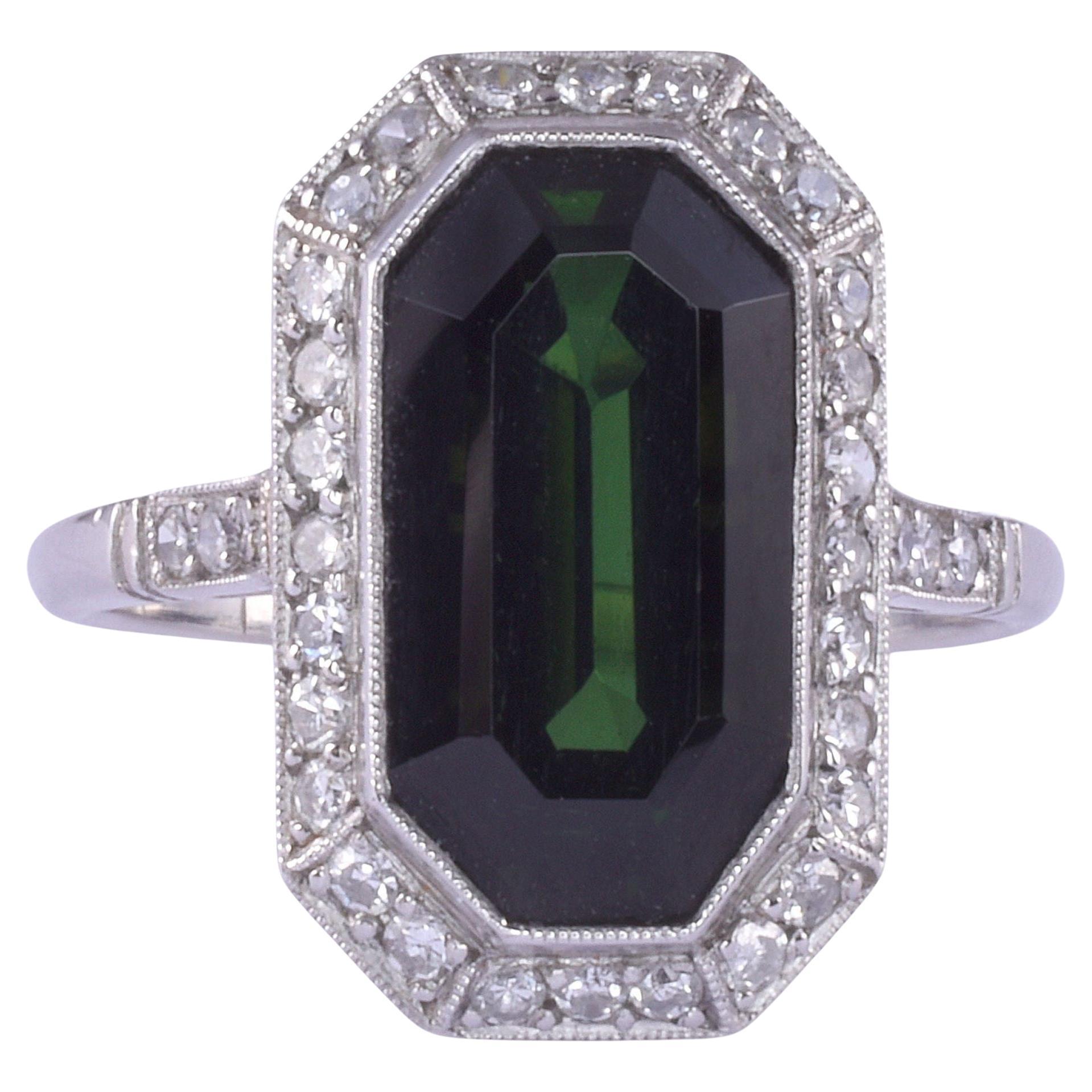 Art Deco Dark Green Tourmaline Platinum Ring For Sale