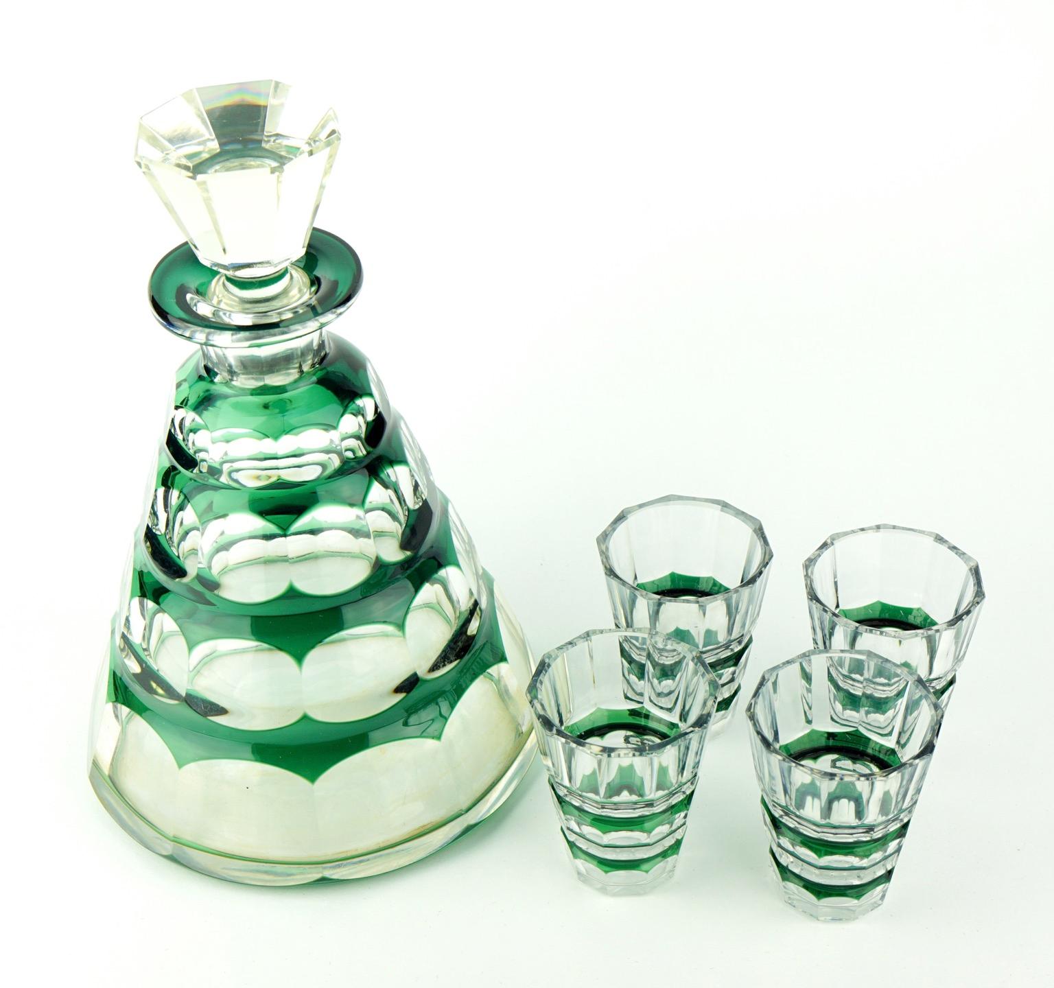 Art Deco Dark Green Val Saint Lambert Muscadet Service Decanter and Glasses (Art déco) im Angebot